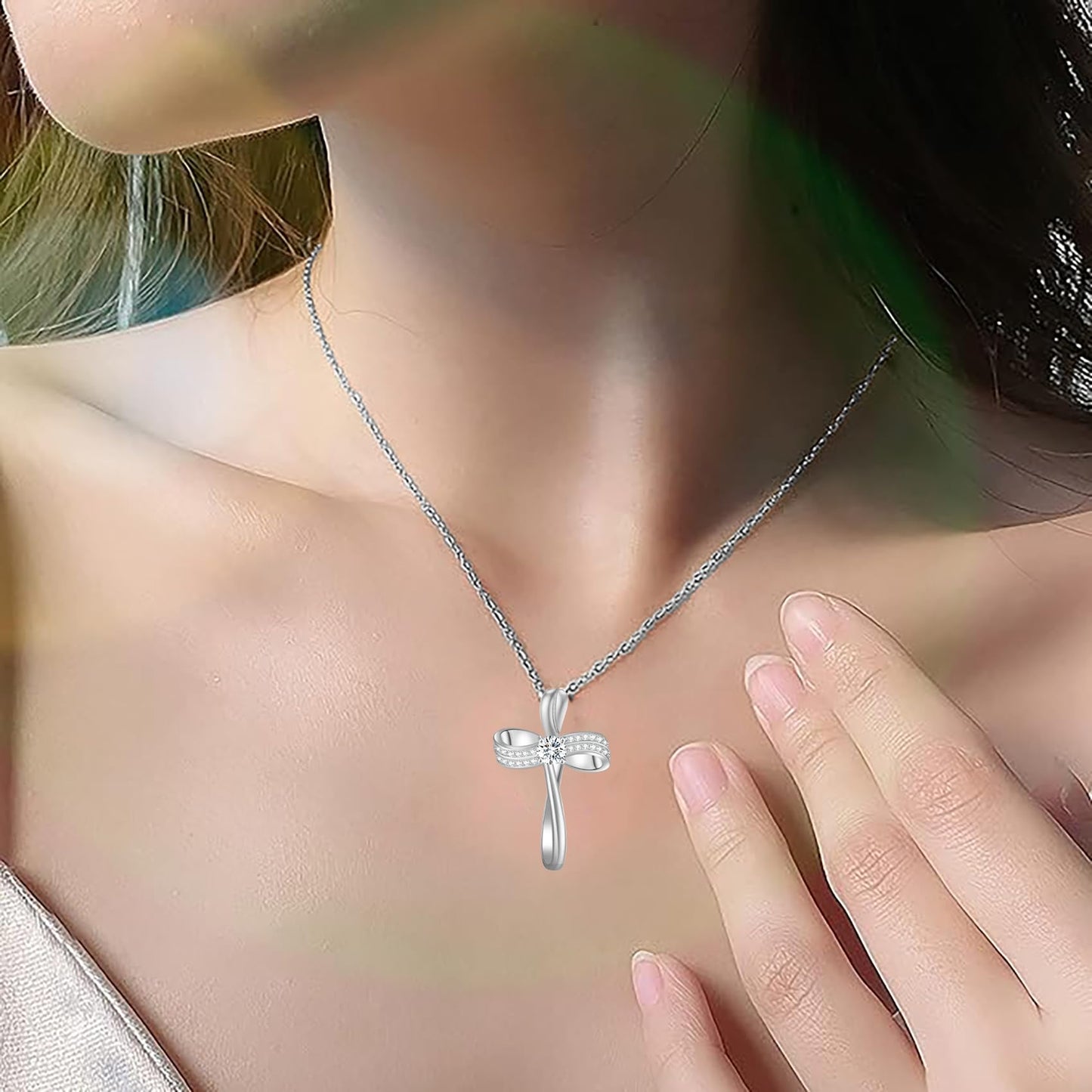 OKISIL 18K Gold Plated Cross Necklace for Women, S925 Sterling Silver Necklace for Women, Infinity Loop Pendant Jewelry with 5A Cubic Zirconia, Anniversary Birthday Christian Gifts for Women Her Wife (White gold)