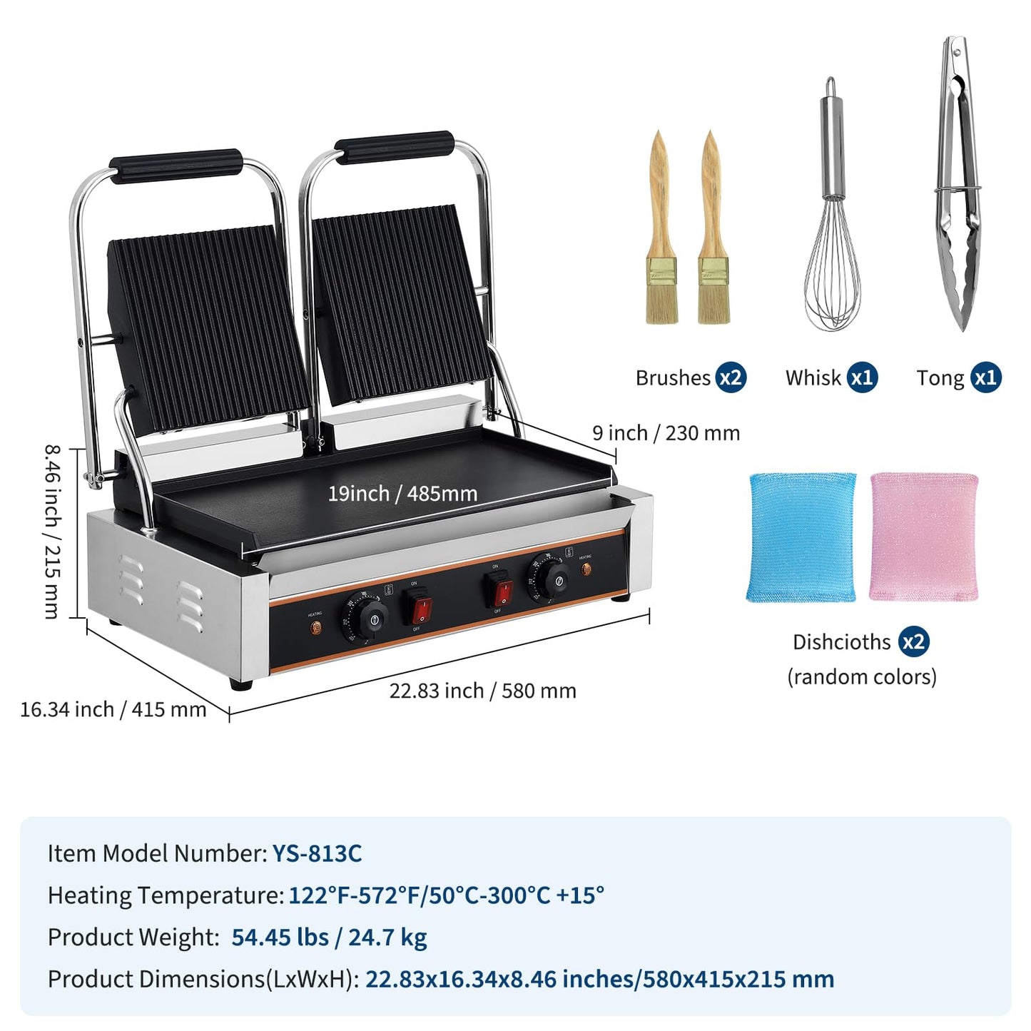 MilleLoom Commercial Panini Press Grill with 19"x 9" Grooved Top and Smooth Bottom Plates for Burgers Steaks Panini, Countertop Electric Sandwich Maker with Adjustable Temp Control, 110V/220V, 3600W