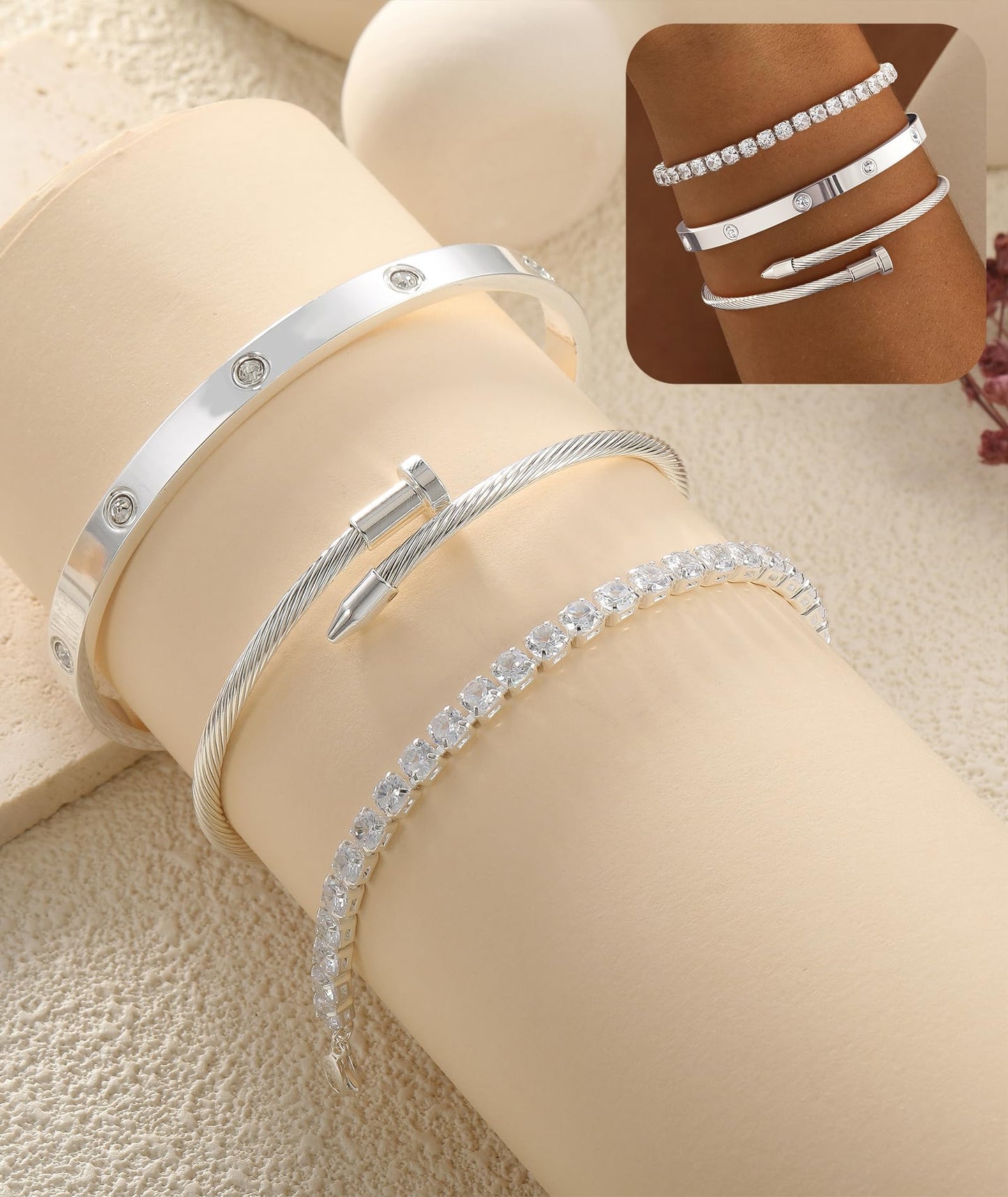 ZOERAY Silver Gold Bangle Bracelets for Women Non Tarnish 14k Gold Plated Stackable Cuff Bracelets for Women Trendy Cubic Zirconia Stainless Steel Chunky Bracelet Stack Set Waterproof Jewelry Gifts