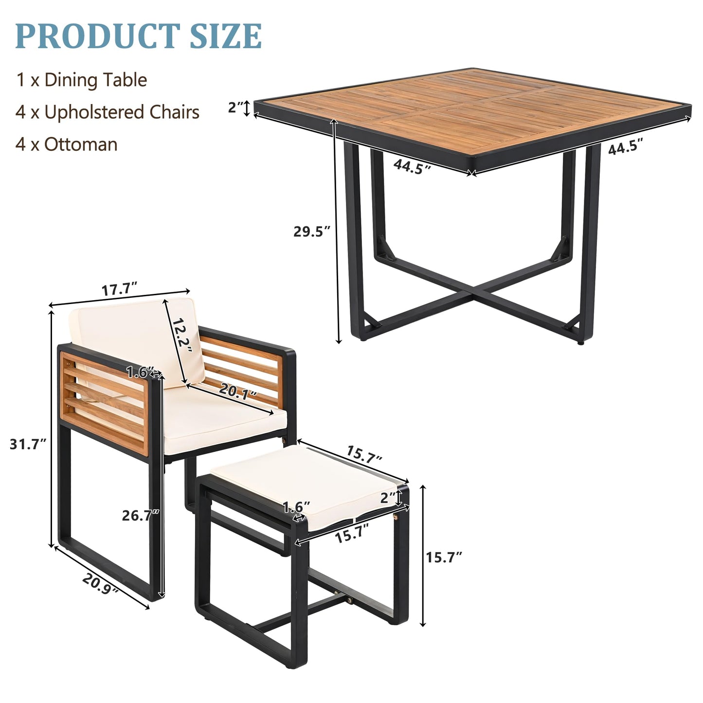 Merax 9 Pieces Outdoor Dining Set for 8 People, Acacia Wood Patio Furniture Sets with 1 Square Table, 4 Cushioned Chairs and 4 Ottomans for Backyard, Garden, Lawn, Poolside, Space Saving Design, Beige