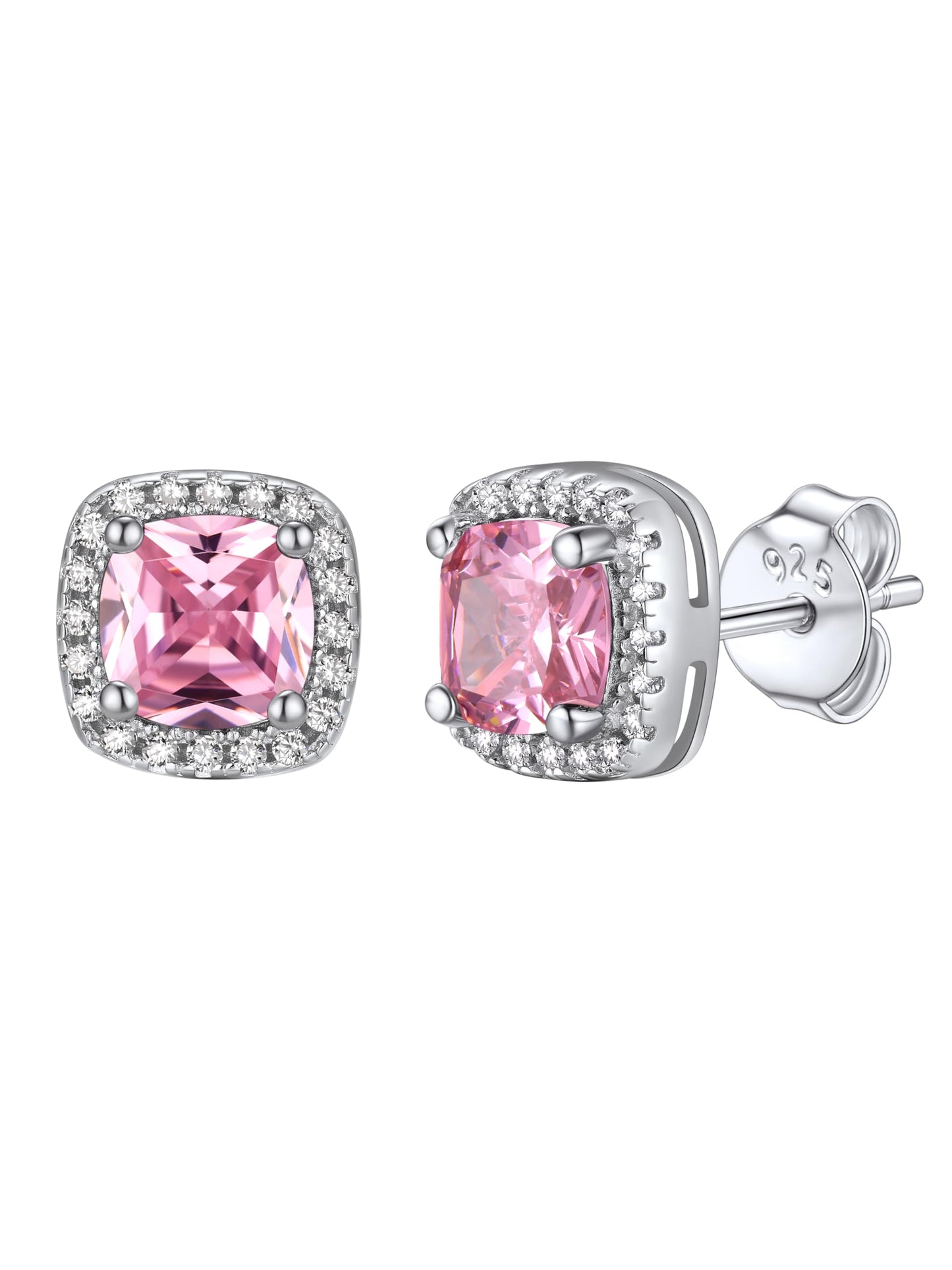 Bestyle Emerald Cut Pink Gemstone Tourmaline Earrings White Gold Vermeil Sterling Silver Sparkle Small Silver Studs Birthstone Earrings for Women Mothers Day Gifts for Wife Mom