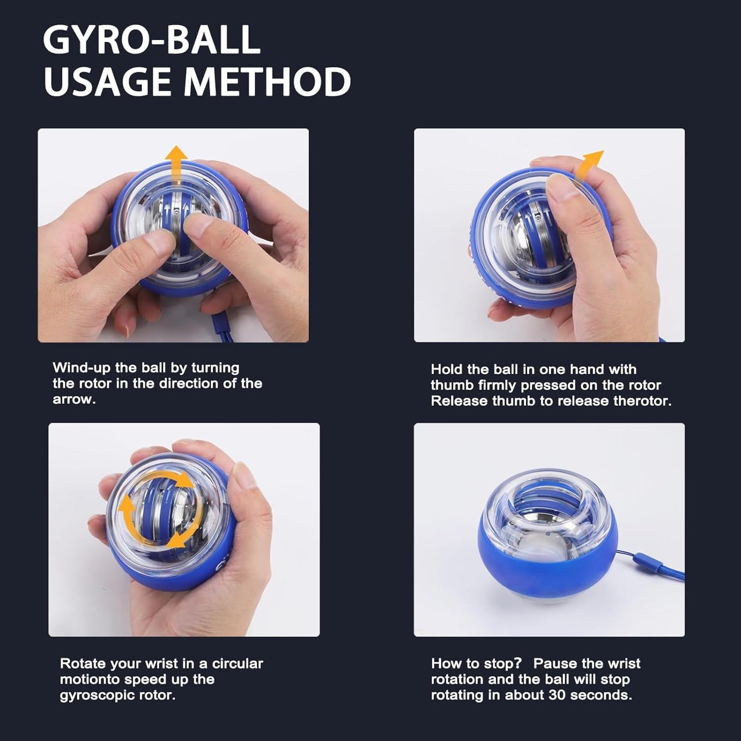 Torque-Ball Hand Exerciser, Wrist Power Gyro Ball, Curaball Hand Exerciser, Grip Strength Trainer, Hand Strengthening Devices, Wrist Strengthener, Finger Exerciser, Auto-Start Colorful Lighting (Blue)