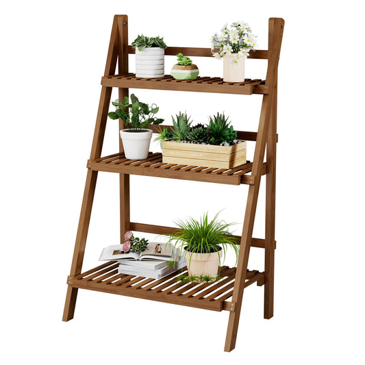 39.4" Bamboo Ladder Shelf Plant Shelf, 3 Tier Foldable Ladder Flower Pot Display Shelf Rack, 23.6"W x 15"D x 39.4"H, Freestanding Bookshelf for Garden, Balcony, Yard, Patio, Lawn, Living Room, Walnut