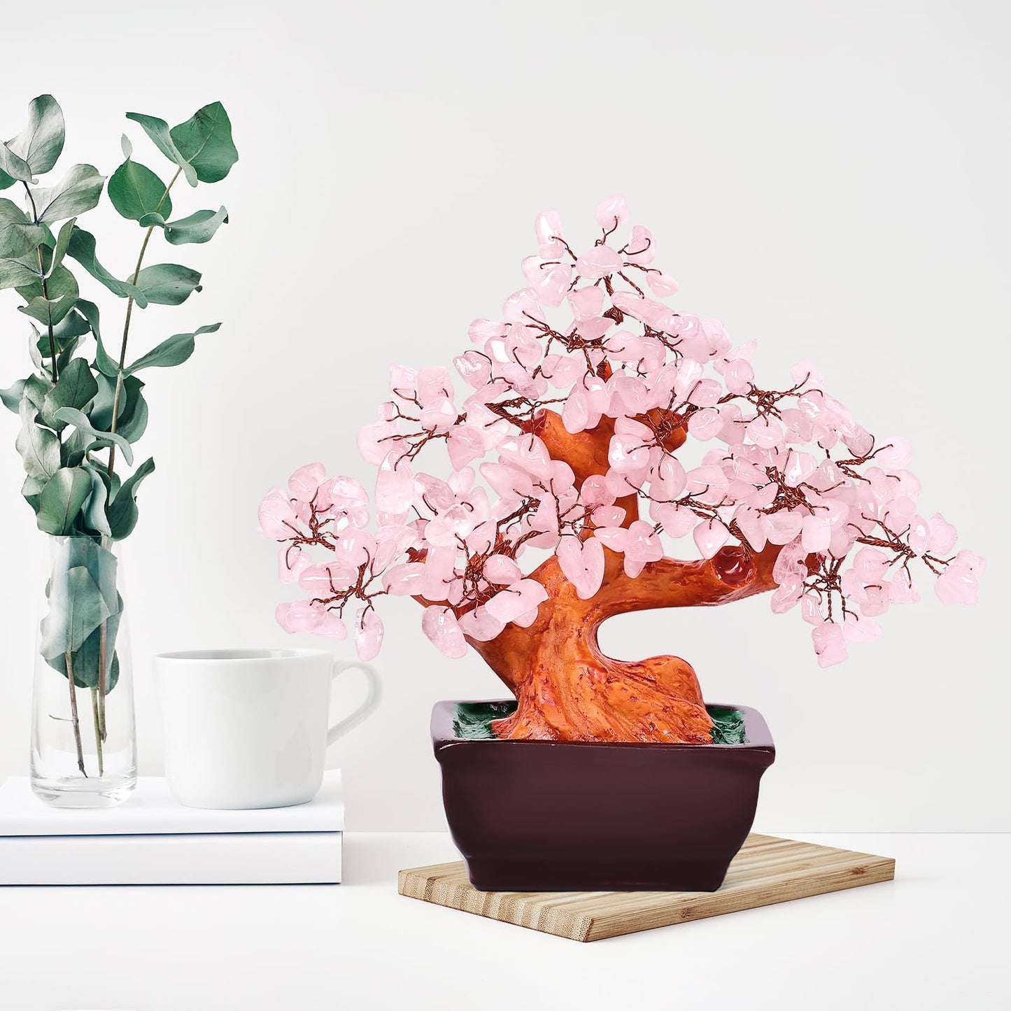 AzureLeap Feng Shui Natural Rose Pink Quartz Crystal Money Tree Bonsai Style Decoration for Wealth and Luck (Pink)