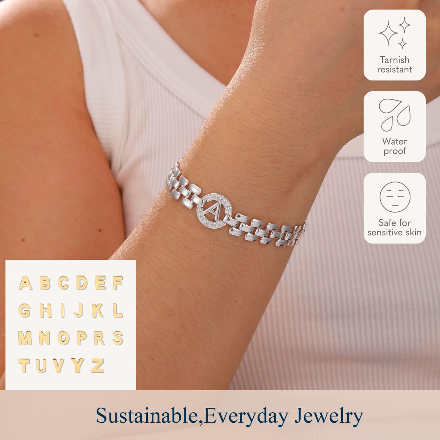 WEDDINEN Initial Bracelet,Silver Letter Bracelets for Women, Thick Bangle Wrist Gold Alphabet Bracelets, Christmas Gifts for Women Jewelry Initial A Charm Chain