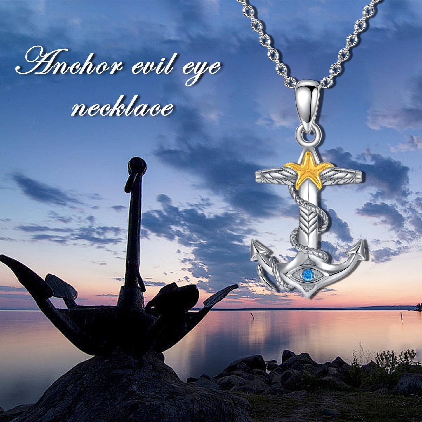 PROESS Anchor starfish Necklace 925 Sterling Silver Evil Eye Pendant Necklace Nautical Anchor Jewelry Gifts For Women Men