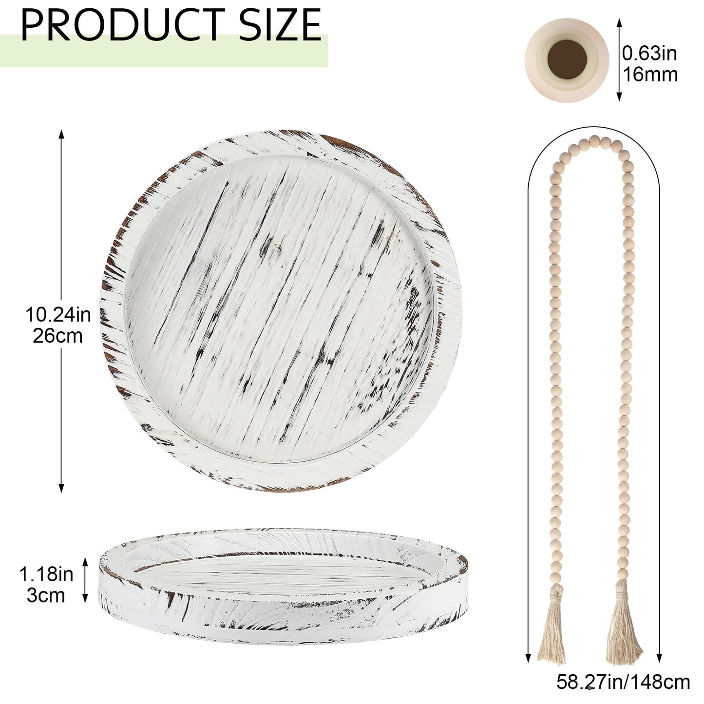Tiangrid 5 Pcs Rustic Country Tabletop Centerpieces Decor Set of 3 Boho Ceramic Vases with Wooden Serving Tray Wood Bead Garland Tassels Table Holder for Home Decorations(White)