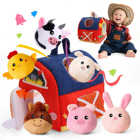 Baby Toys 6-12 Months, Surprise Barn with Stuffed Farm Animals 6Pcs, Rattle, Crinkle, Mirror, Montessori Sensory Toys for 1-3 Year Old Boys Girls, Ideal Gifts for Babies Toddlers Birthday Christmas