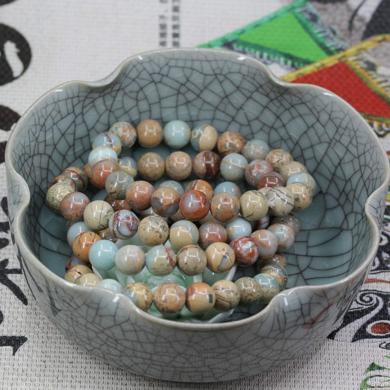 Keleny Multicolor Serpentine Crystal Man Women Stretch Bracelet 10mm Round Beads Rock Jasper 7 Inch