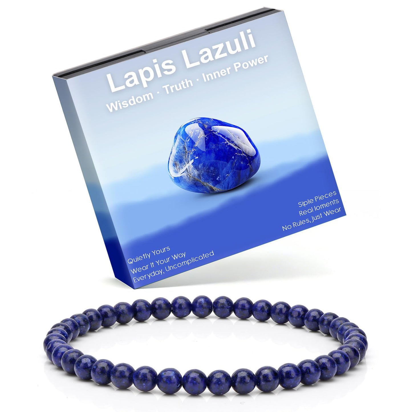 Risyfjew 4MM Handmade Lapis Lazuli Natural Gemstone Stretch Elastic Bracelet,PE Film Anti-oxidation Packaging Natural Stone Crystal Healing Power Energy Gifts for Adult