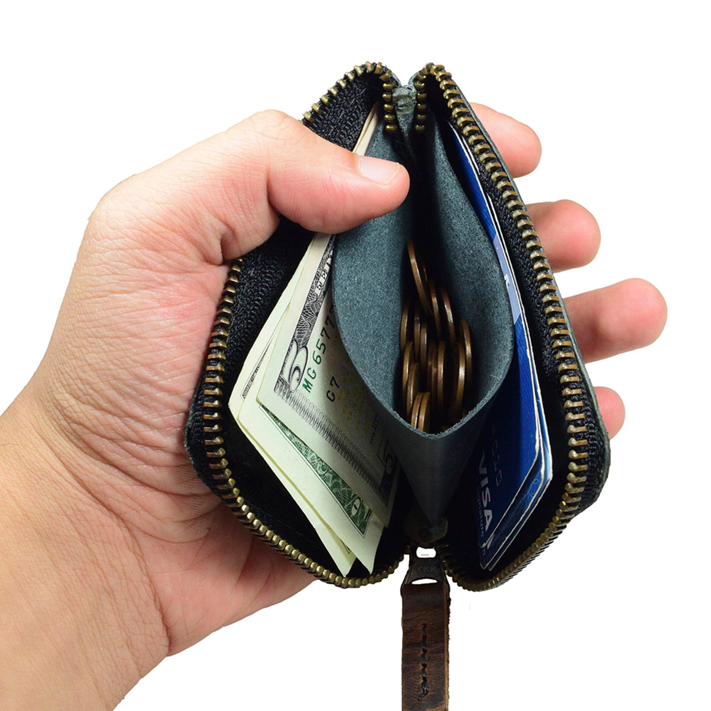 Hide & Drink, Full Grain Leather Zippered Card Wallet for Men and Women, Coin Pouch, Money Holder, Pocket Organizer, Handmade, Charcoal Black
