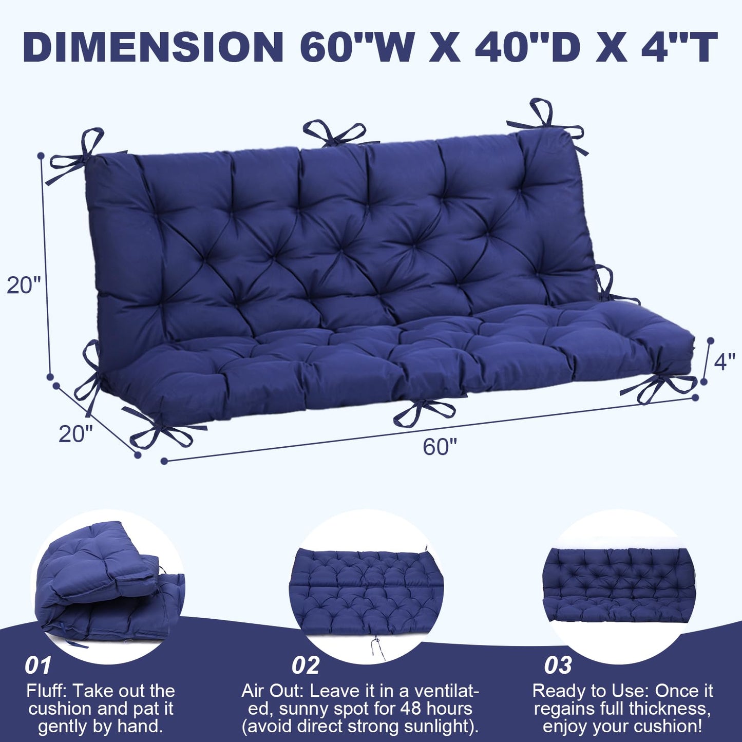 EverPine Outdoor Swing Cushion Replacement Patio Bench Cushion Waterproof Thick Seat Pad for Porch Swing Daybed Garden Sofa Furniture (Navy Blue)