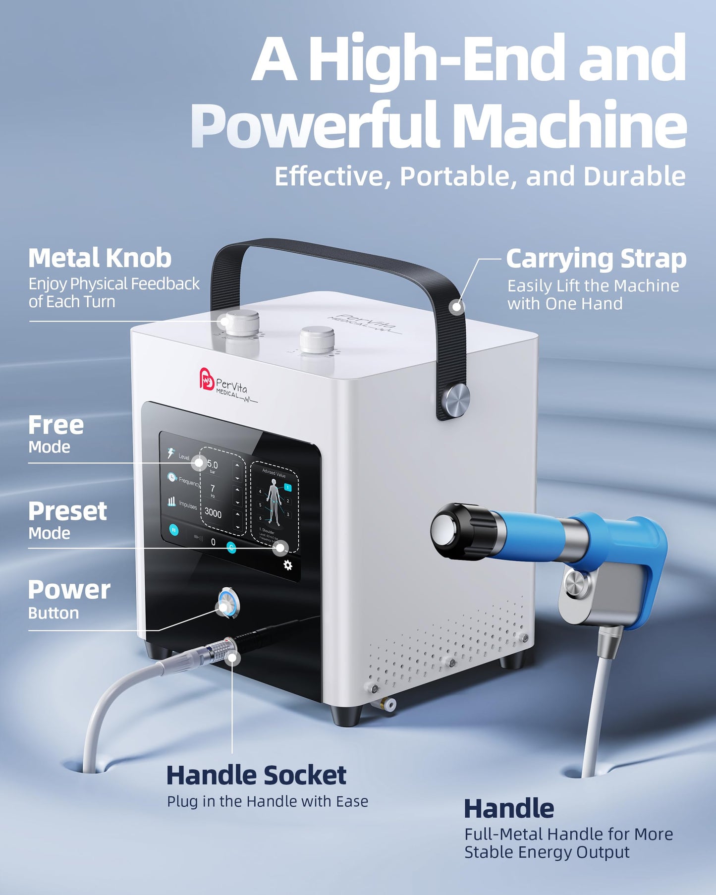 PerVita Medical Shockwave Therapy Machine Extracorporeal Shock Wave Therapy Machine Pain Relief for Muscles and Joints, Full Metal Handle for Stable Energy Output, Safe and Easy to Use PSP15