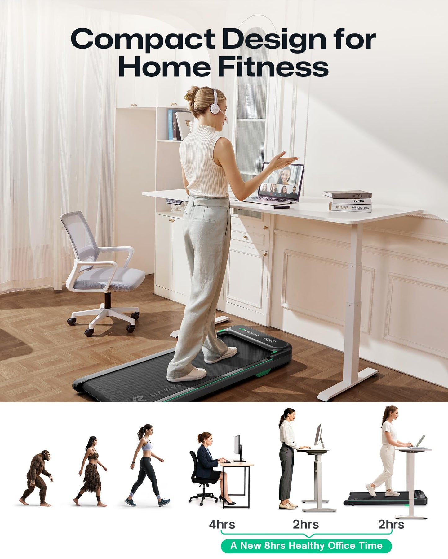 URUREVO Smart Walking Pad, Quiet Under Desk Treadmill with APP & Remote, Portable Shock-Absorbing Walking Jogging Machine, Sleek Compact Design for Home Office Fitness