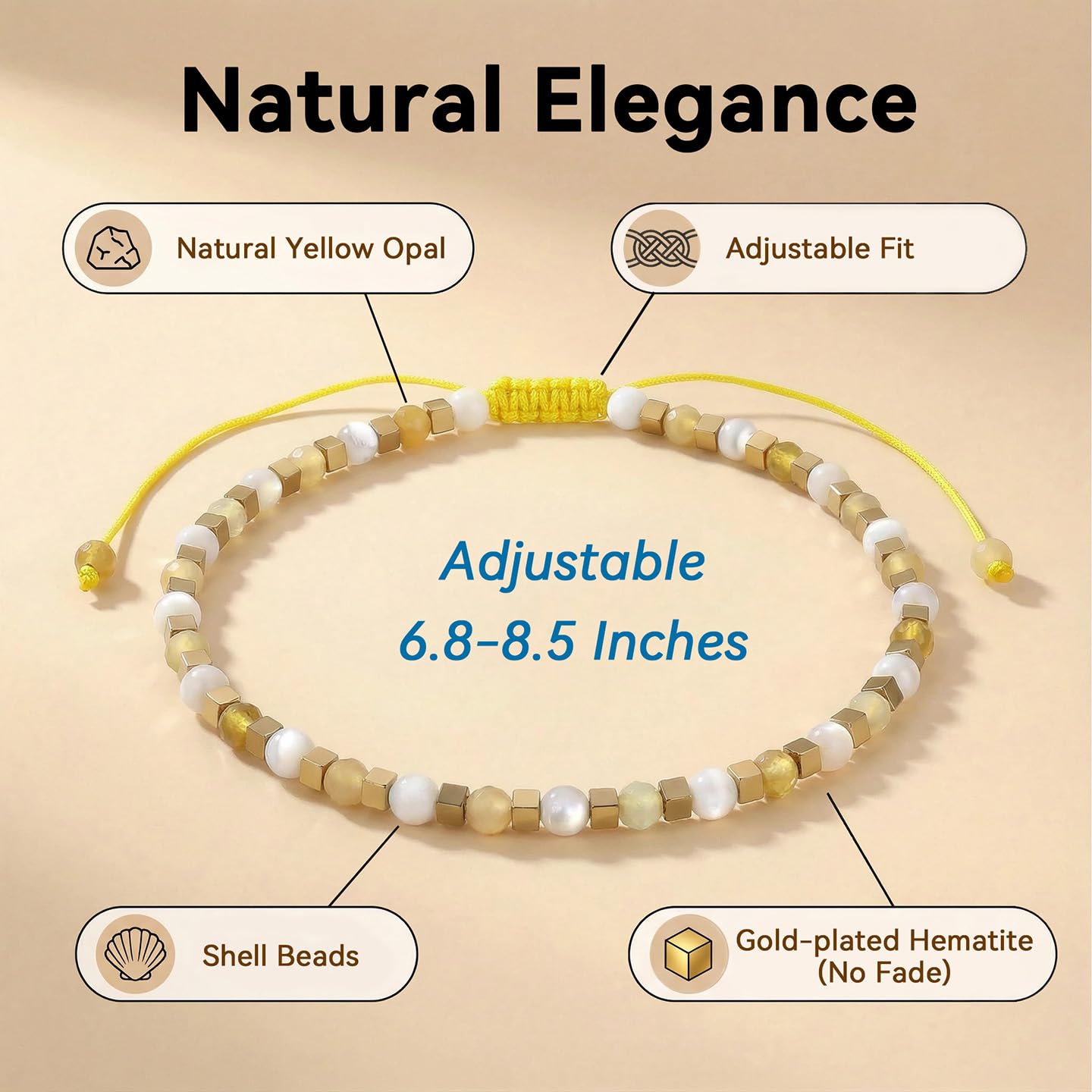 BEADSENER Yellow Opal Adjustable Charming Bracelet for Women, 3mm Natural Shell Gemstone Hematite Stone Beads, Pull String Slider Metal Free Design Waterproof, Gift for Her Daily Wear