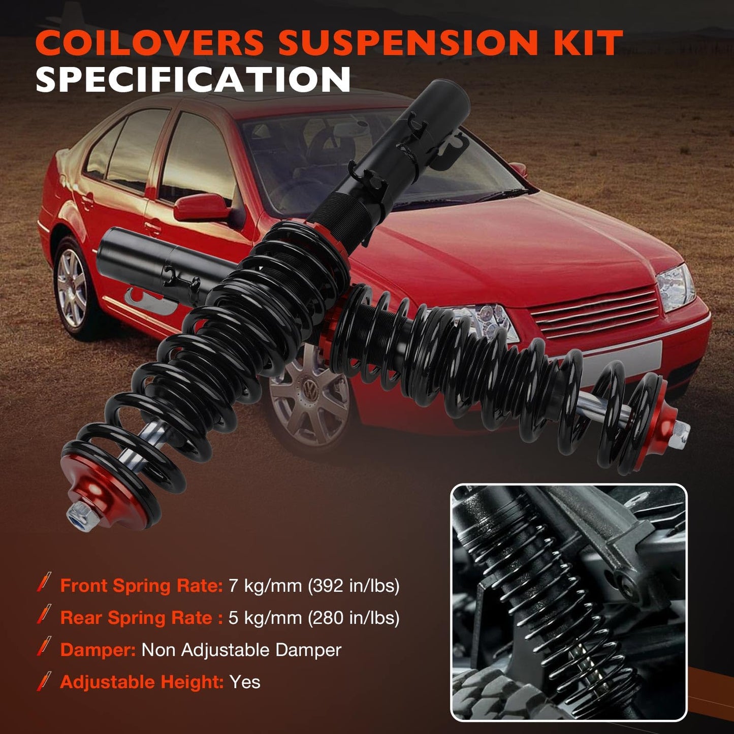Front & Rear Coilover Suspension Kit, Height Adjustable Shocks & Struts Replacement for 1998-2005 Volkswagen Golf Mk4 Coilover 2WD Only A4 – Complete Coilovers Assembly(Red)
