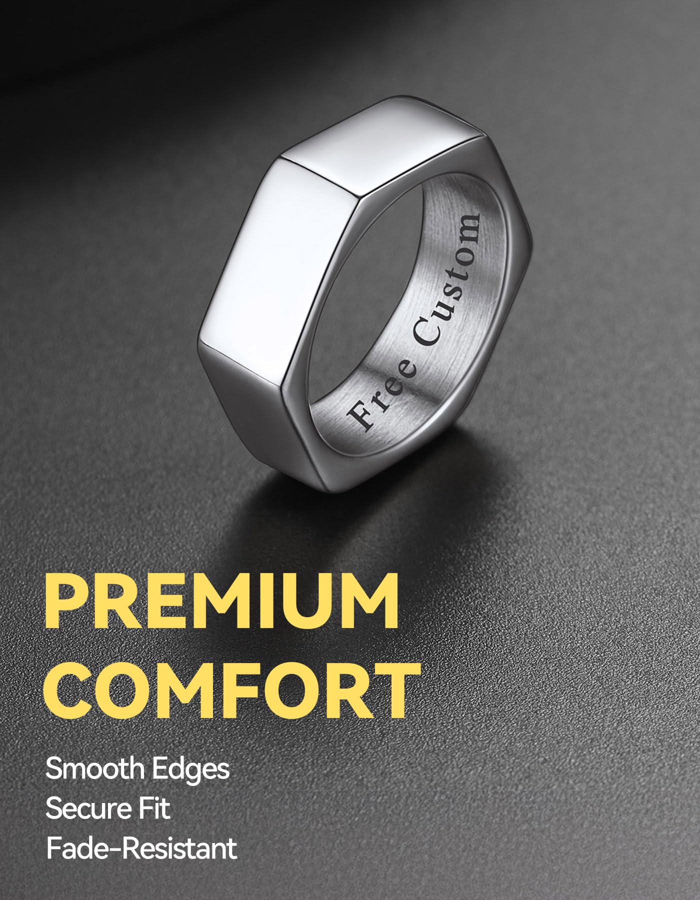 ChainsHouse Hexagon Ring Stainless Steel Geometric Biker Bands Custom Engraved Punk Jewelry for Men Women, Size 9