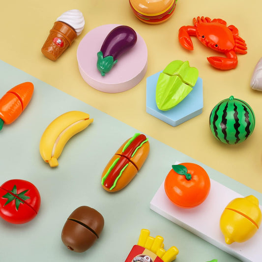42 Items 87 Pcs Cutting Play Kitchen Set for Kids, Pretend Cooking Fruit &Vegetables&Fast Food with Storage Basket, Fake Food Toys for Toddler&Baby, Educational Gift for Girls Boys Children Birthday