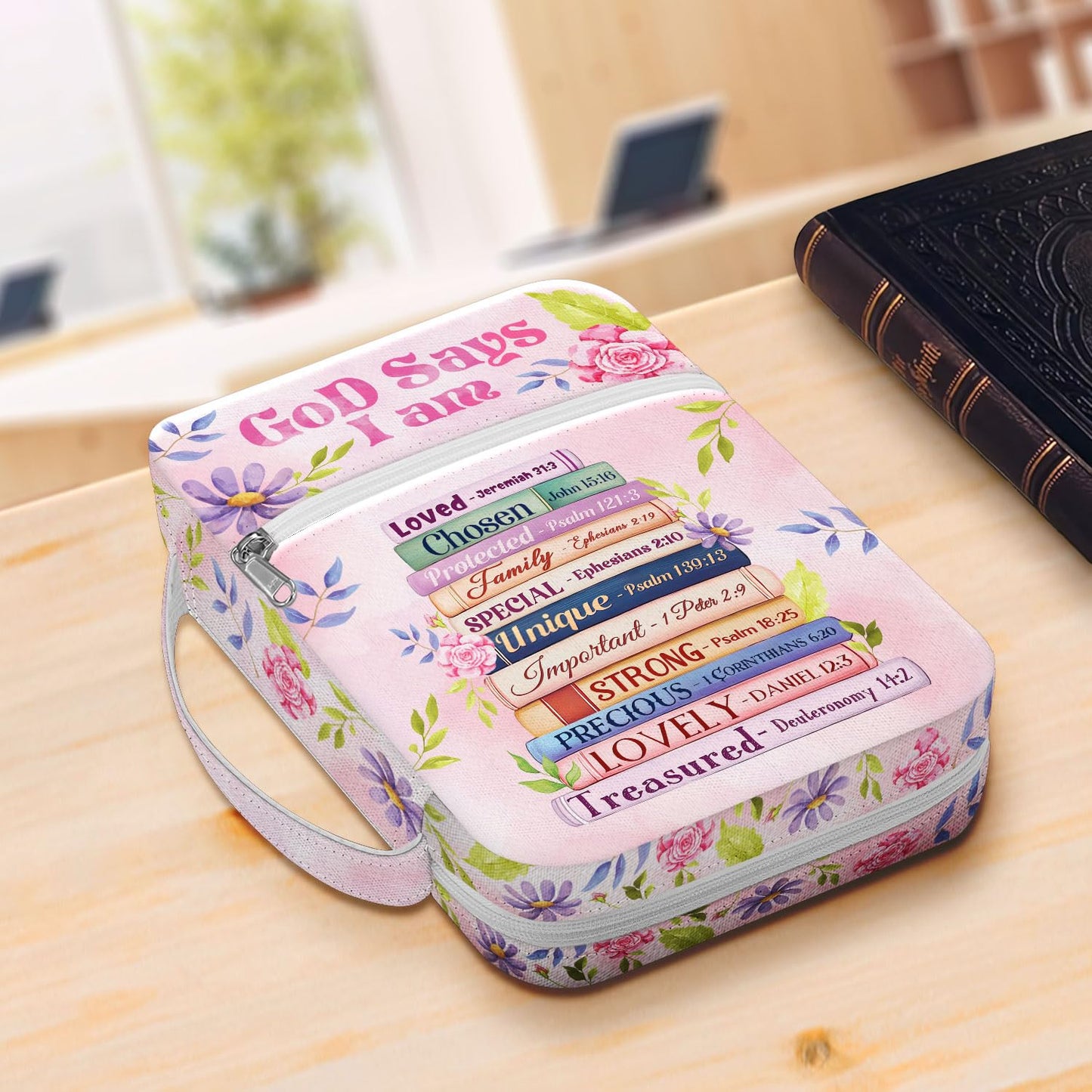 MYSMOR God Says I Am Bible Cover for Women, Floral Scripture Bible Case with Handle and Zipper Pocket, Christian Bible Bag for Girls and Ladies, Inspirational Gift for Church and Study Use