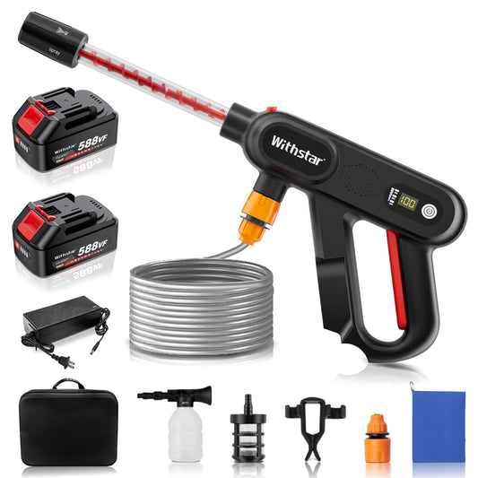 WITHSTAR Cordless Pressure Washers with 2 Rechargeable 3AH Battery, Multi-Function Nozzle, Portable Power Washer for Car/Floor/Patio Cleaning, Garden Watering(Black＆RED)