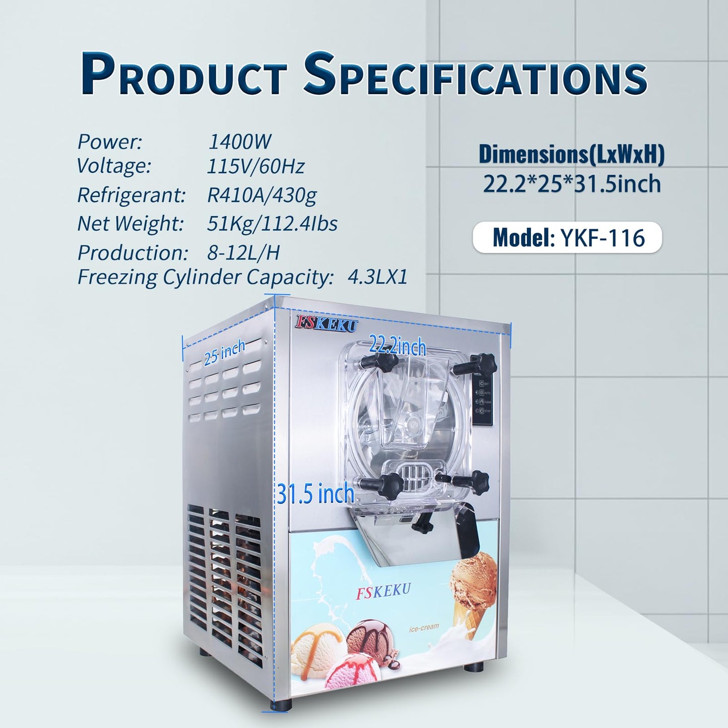 Hard Ice Cream Maker Commercial Gelato Machine 16-24L/H, 5.3 Gph Capacity Suitable for Restaurant/Bar/Home, Auto Clean LED Display Maquina De Helado 1400W