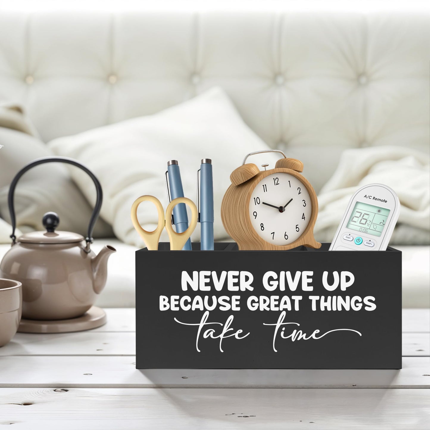 FITIE Inspirational Quotes Pencil Pen Holder for Desk, Never Give Up Because Great Things Take Time Wooden Pencil Holder Organizer for Home Office Desk Accessories, Gifts for Coworker