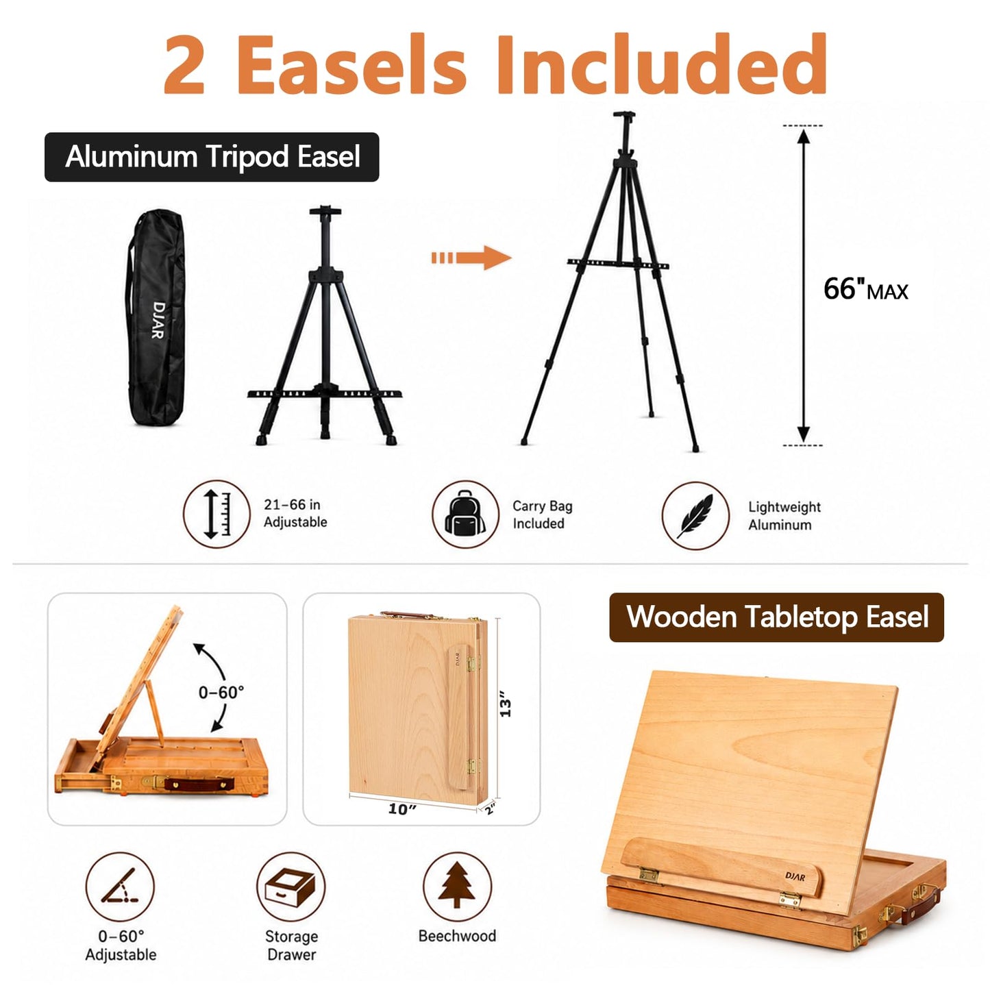 DJAR 174 Pcs Professional All-in-One Art Painting Kit with FSC-Certified Beech Wood Easel, 96 Acrylic, Watercolor & Oil Paint Set, Complete Art Supplies Painting Set for Adults, Artists, Beginners