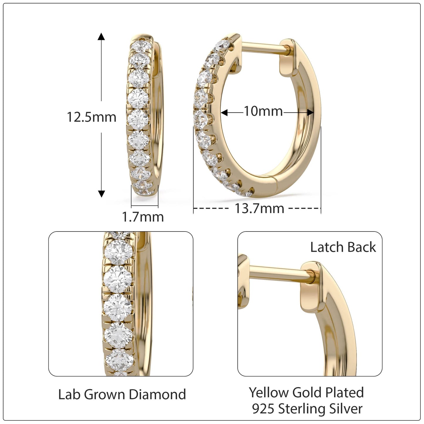 10MM Huggie Hoop Earrings for Women, 0.25 Carat (ctw) Round Natural Diamond Hoop Earrings in 14K Yellow Gold Plated 925 Sterling Silver Jewelry for Her