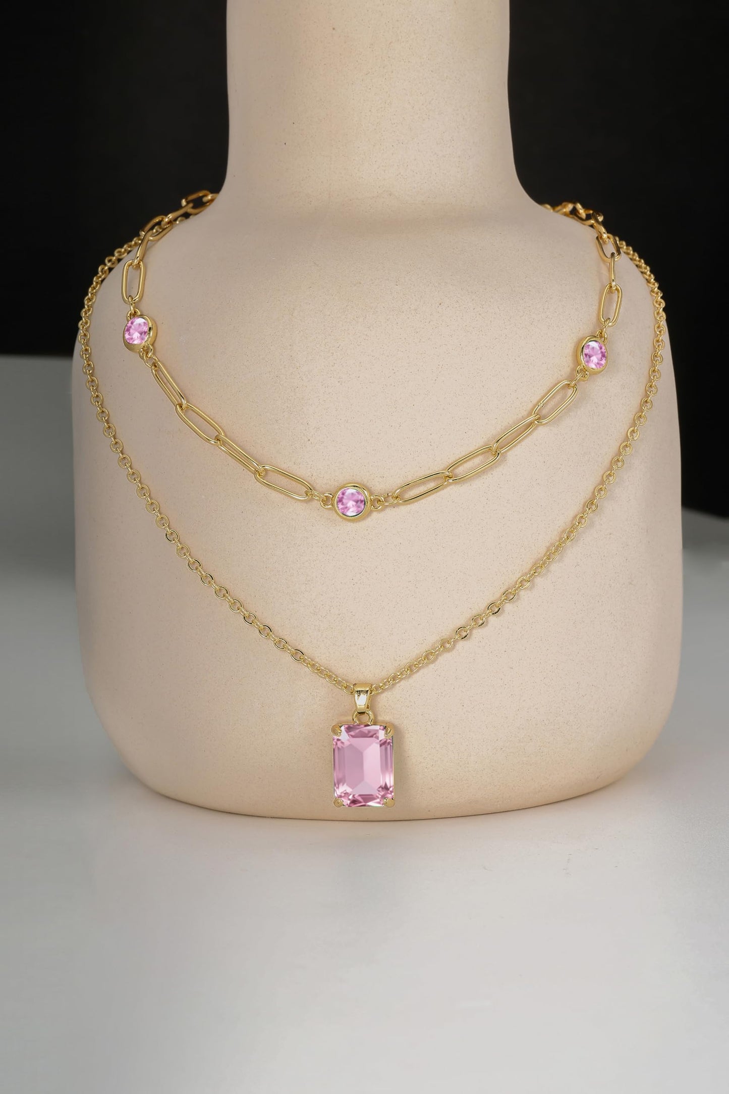 VANGETIMI Pink and Gold Layered Pendant Necklaces for Women 14k Gold Plated Crystal Choker Necklace Paperclip Rhinestone Necklace Party Prom Jewelry