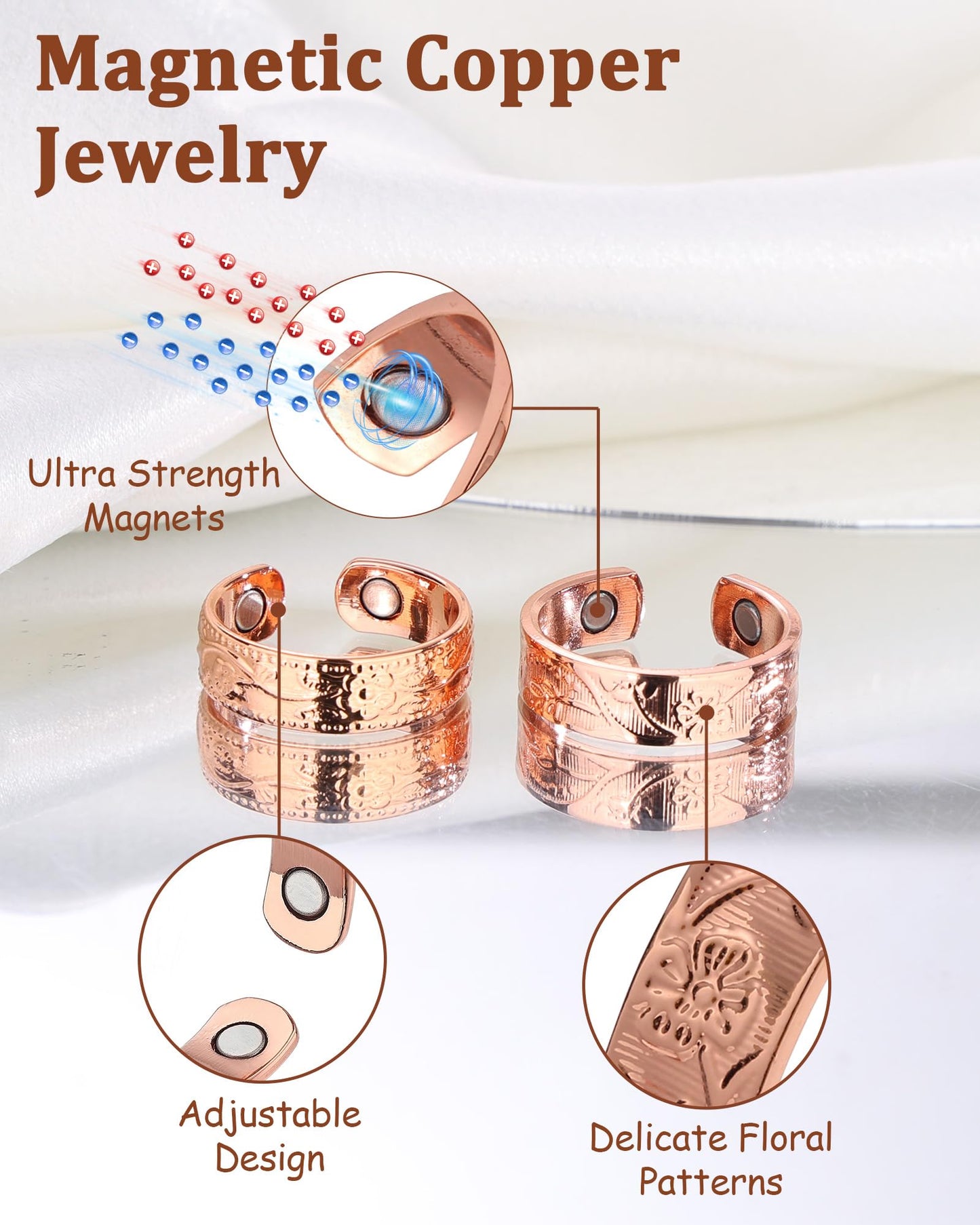 BioMag Copper Rings for Women, 99.99% Pure Copper Magnetic Rings Thumb Rings for Lymphatic Drainage, Adjustable Jewelry Gifts for Women (Rose Gold-2pcs)