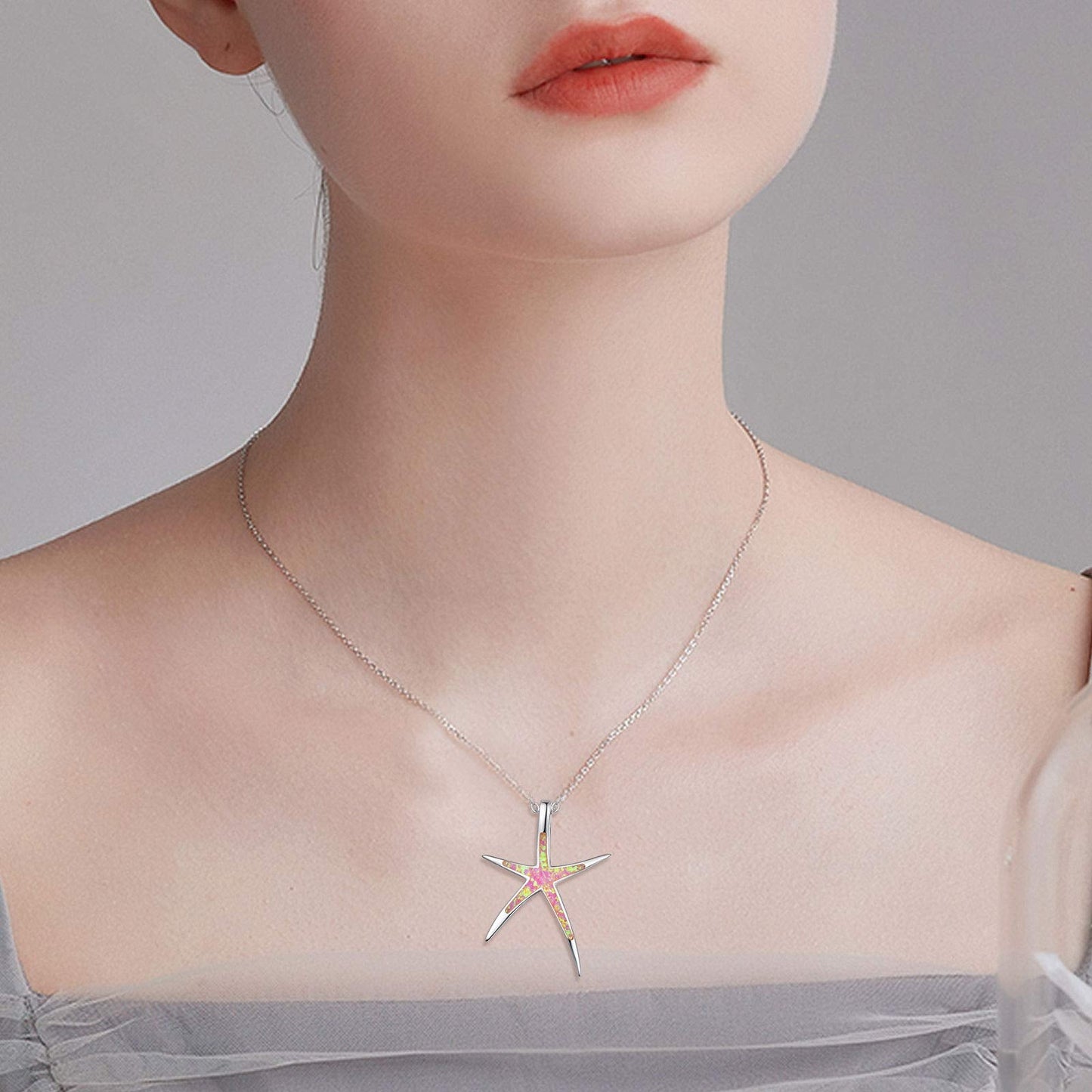 Cuoka Starfish Necklace, 925 Sterling Silver with Pink Opal, Hawaiian Beach Nautical Ocean Pendant, Starfish Jewelry Opal Jewelry Valentine for Women Girlfriend