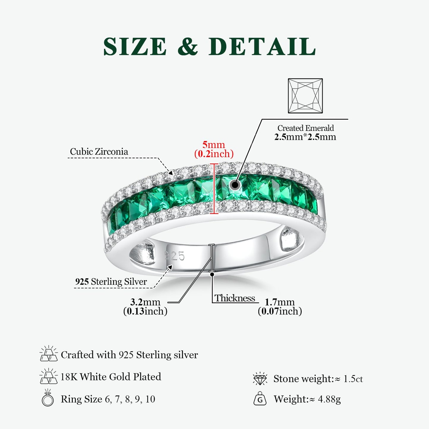 RANDES Created Emerald Eternity Rings for Women White Gold Plated Sterling Silver Channel Set Band Green Gem Anniversary Birthstone Ring Size 6