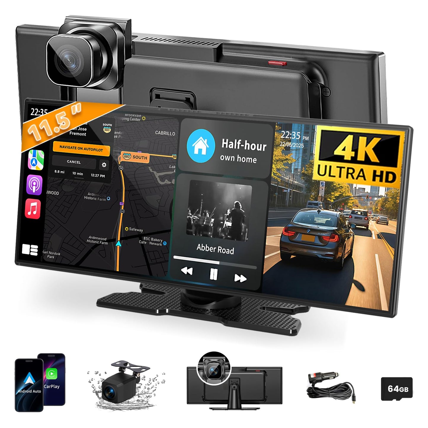 Largest 11.5 inch Wireless CarPlay Screen for Car, A-pple CarPlay & Android Auto HD Touchscreen with 4K Dash Cam/1080P Backup Camera/Navigation/Bluetooth/Voice Control/FM/Mirror Link,for All Vehicles