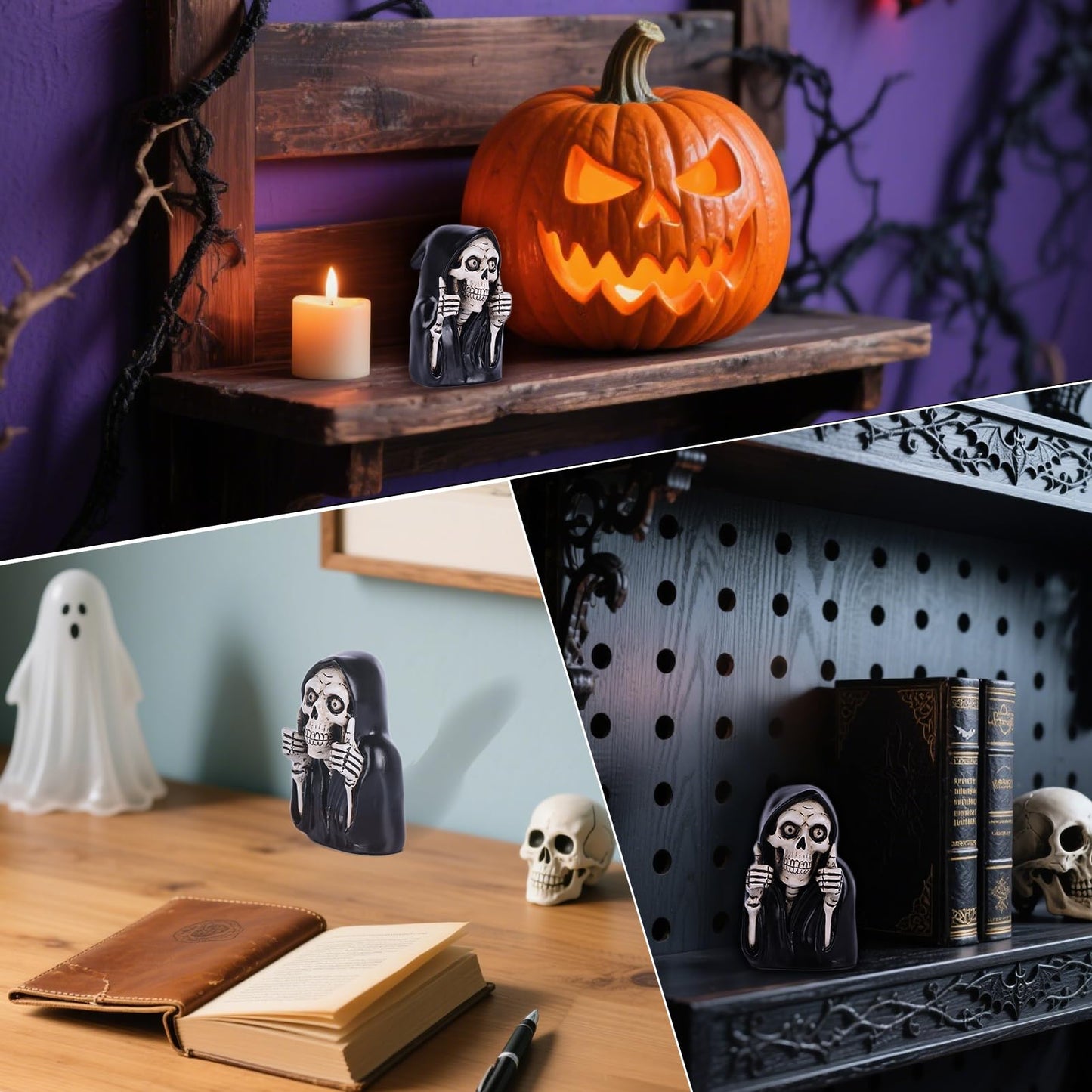 Funny Skeleton Figurine- 3.9inch Gothic Grim Reaper Skeleton Knick Knacks,Thumbs Up Mini Skull Figurines,Resin Punk Halloween Home Decor Statue,Retro Death Figurine Dark Humor Gifts for Women