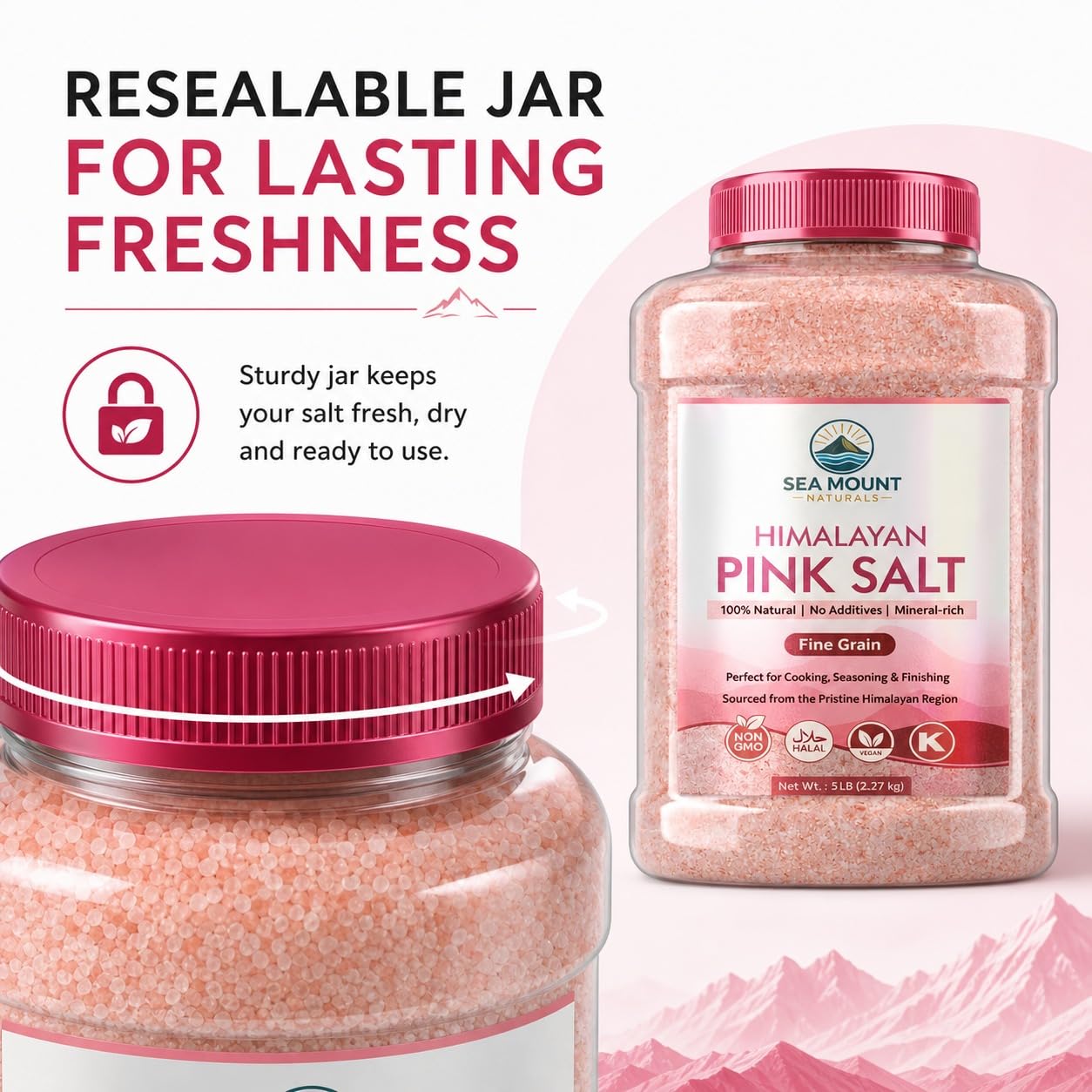 Himalayan Pink Salt Fine Grain 80oz (5 Pound), Kosher Certified, Non-GMO, Pure Mineral-Rich Pink Himalayan Sea Salt, For Cooking, Seasoning, Baking & Table Salt - Sea Mount Naturals