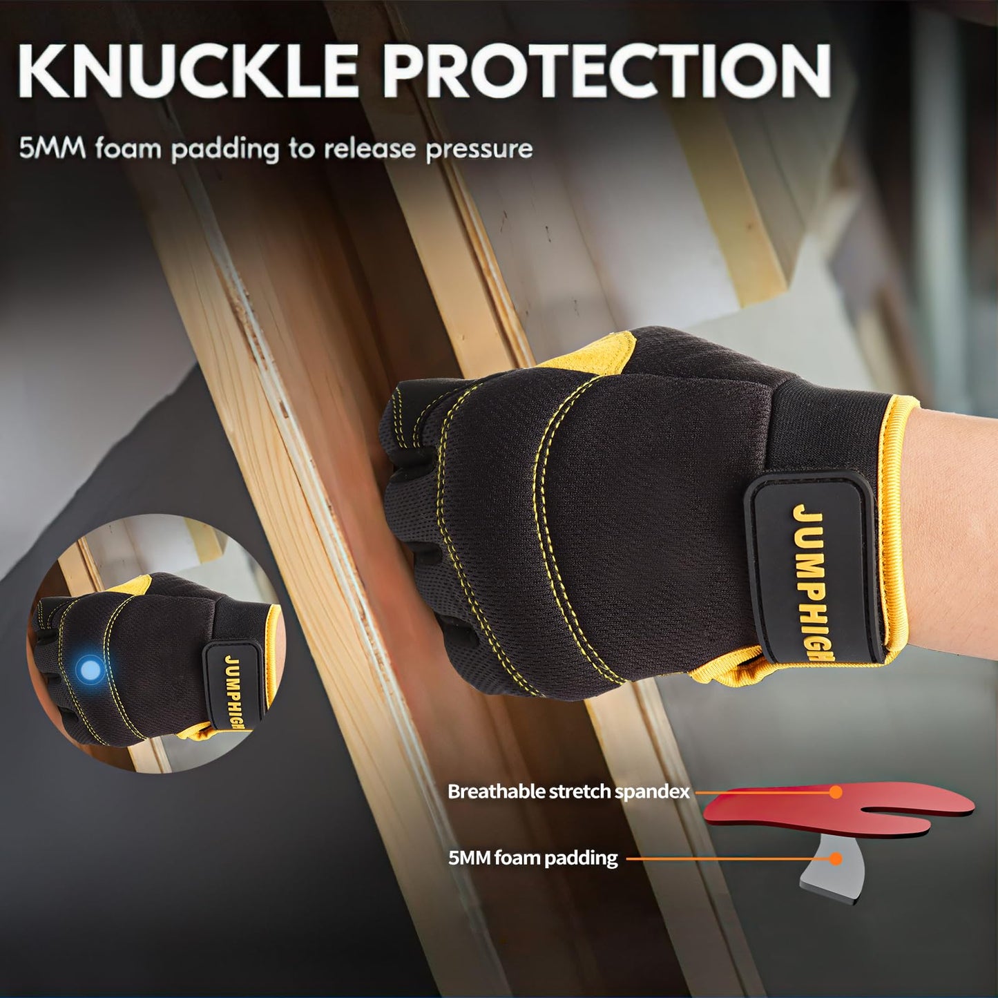 JUMPHIGH Safety Work Gloves, Men's Utility Mechanic Working Gloves for All Purpose, Touchscreen Compatible, Flexible Breathable Fit, Knuckles & Palm (M)