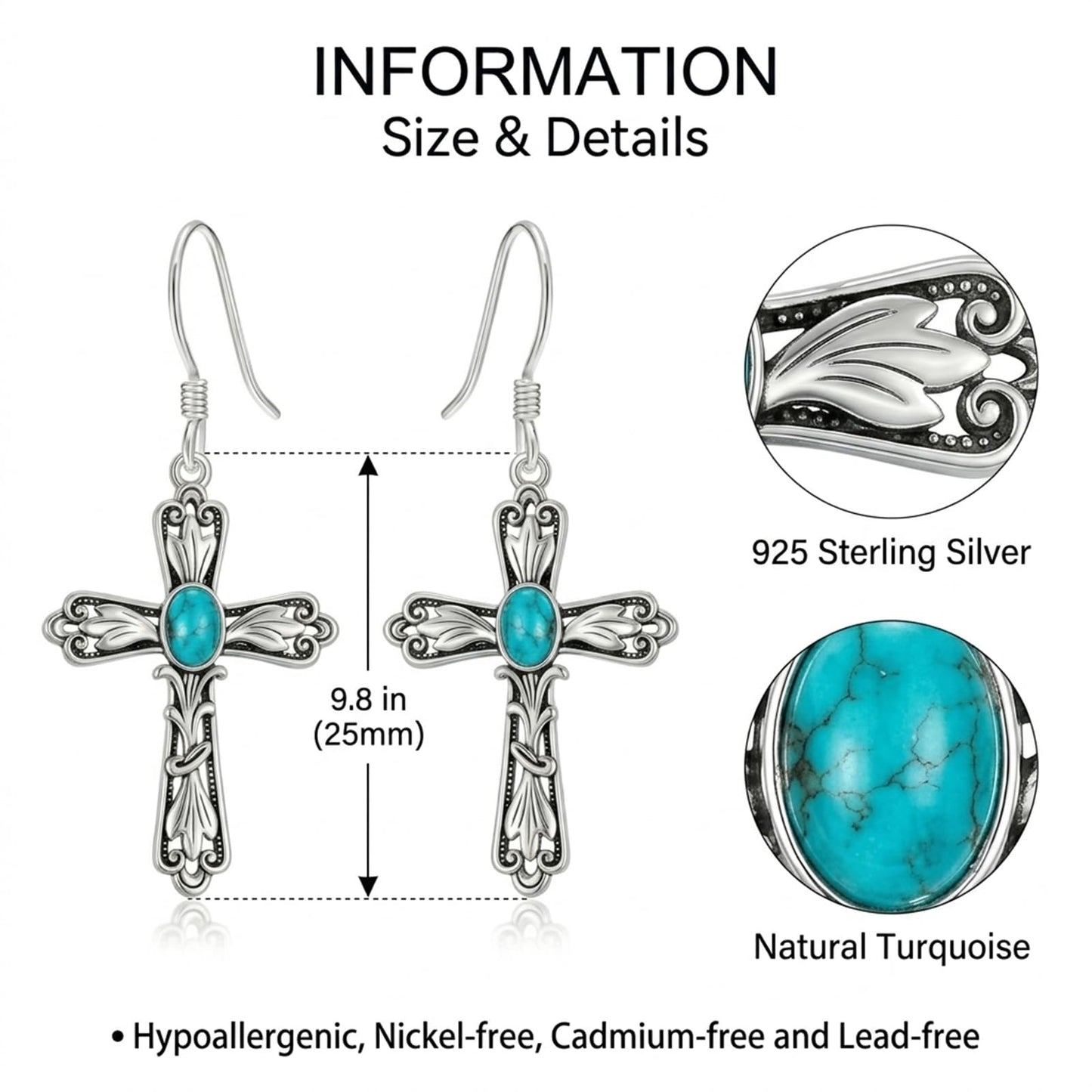 Eetaitai Natural Turquoise Earrings for Men Women 925 Sterling Silver Cross Western Dangle Earrings Boho Jewelry Mothers Day Gifts for Mom Wife Sister