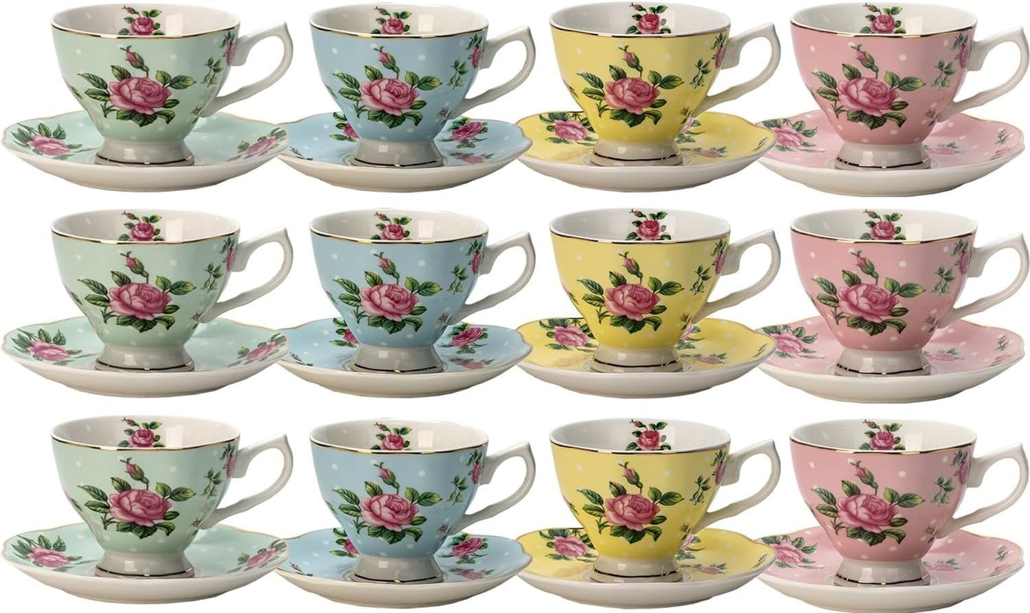 BTaT- Floral Tea Cups and Saucers, Set of 12, 8 oz, Fine Porcelain Teacup Set with Gold Trim for Afternoon Tea, Weddings, Parties & Gifting, Dishwasher Safe, Lightweight, Non-Toxic, Mothers Day Gift