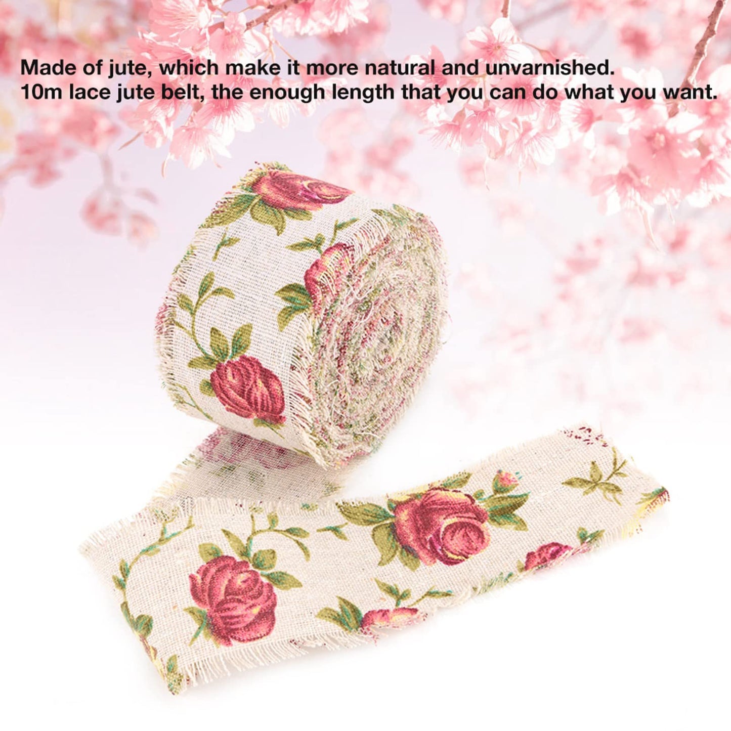 Printed Rose Flower Burlap Ribbon, 10m/32.8ft Hessian Jute Belt Strap Fabric, Wedding Birthday Party Decor, Home Embellishment