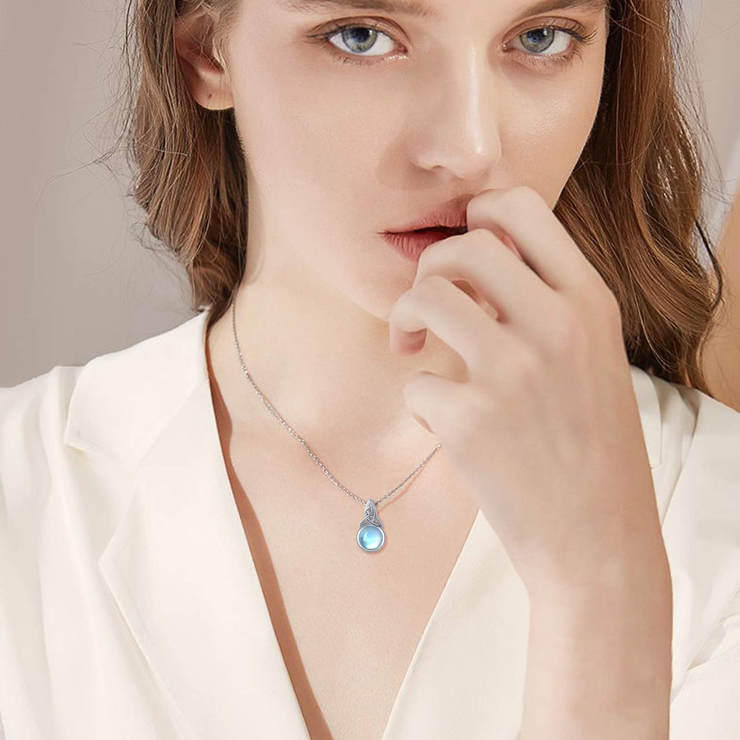 CUOKA MIRACLE Celtic Knot Moonstone Necklace for Women 925 Sterling Silver Rainbow Synthetic Moonstone Jewelry Chain 16-18 Inches Birthday Christmas Necklace Gift for Women