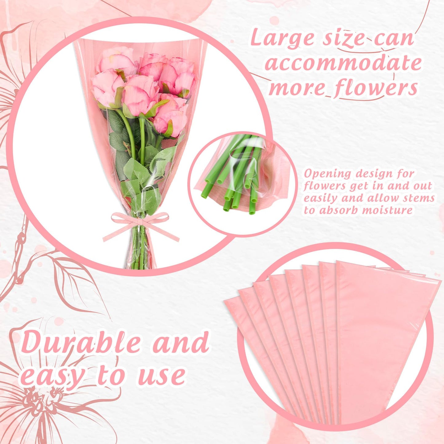 Whaline 50 Pcs Pink Flower Wrapping Bags Clear Kraft Flower Bag for Bouquets Large Floral Wrapping Sleeves for Graduation Wedding Valentine Mother's Day Birthday Florist Supplies, 17.9 x 9.8 x 3.9Inch