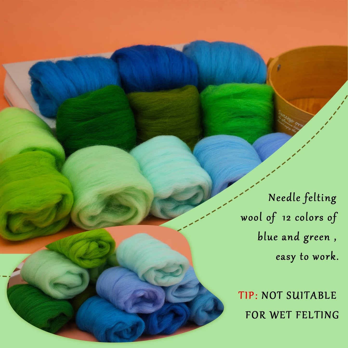Wonvoc Needle Felting Wool, 12 Colors Wool Roving, 10g per Color 4.23 oz Total, Fibre Wool Yarn Roving, for Hand Spinning Needle Felting DIY Wool Crafts, Green and Blue