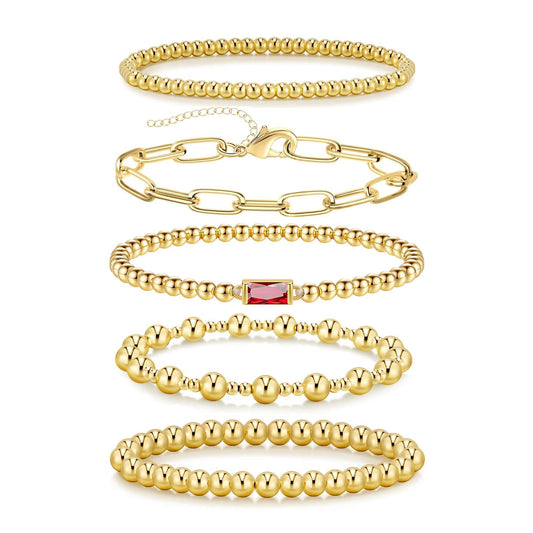 5 PCS Gold Bracelets for Women, Dainty Birthstone Bracelet 14K Gold Plated Stackable Paperclip Cuban Link Chain Bead Bracelets, Fashion Trendy Jewelry Sets Birthday Gifts