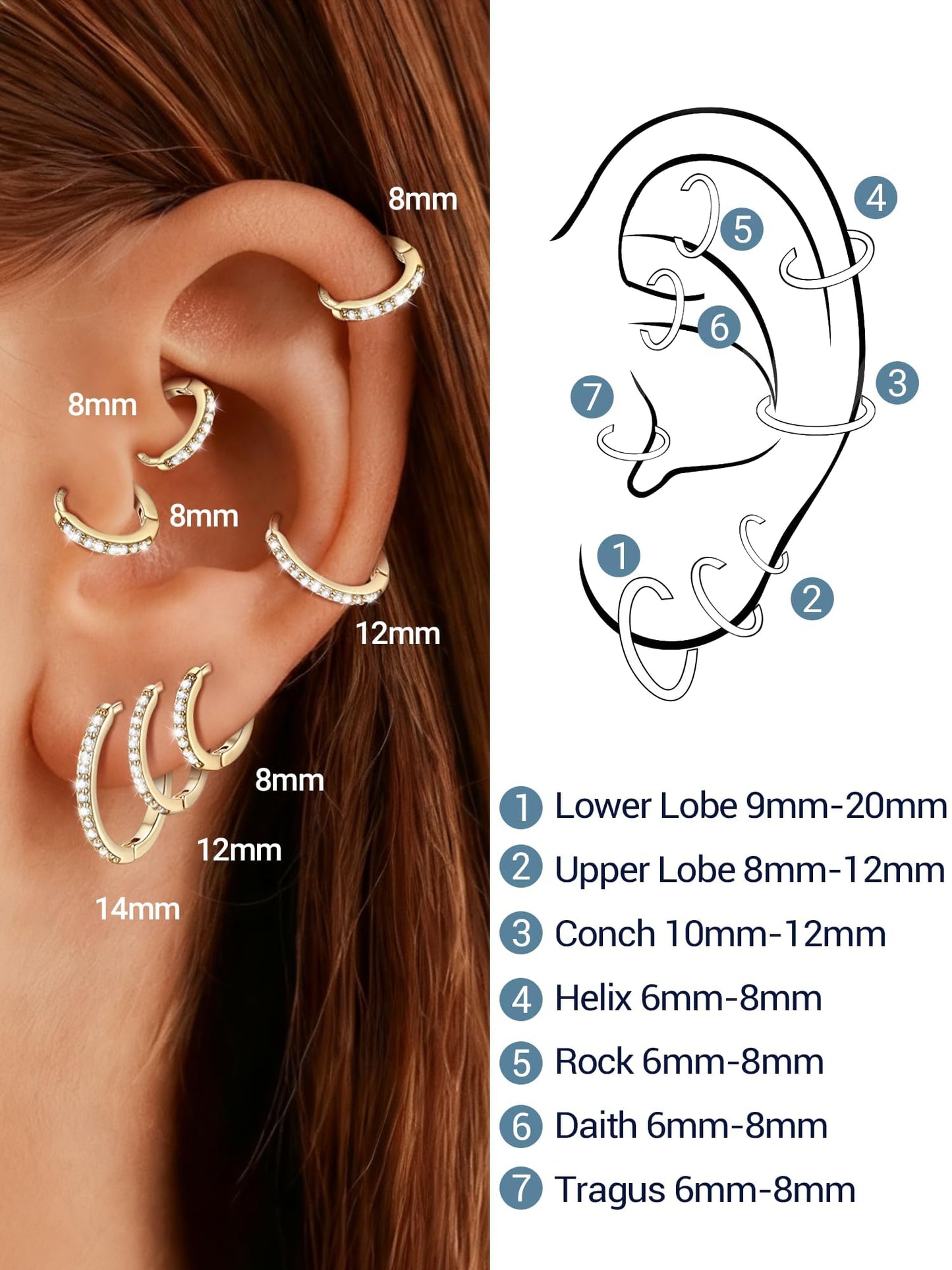 Gold Hoop Earrings For Women Cubic Zirconia Hoops Earring Hypoallergenic 8mm Tiny Huggie Jewelry Non Tarnish Cartilage Piercing Waterproof Ear Earings