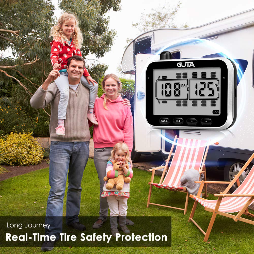 GUTA RV Tire Pressure Monitoring System, RV TPMS, 12 Sensors, 7 Alarm Modes, 14 Days Battery Life, 80ft Sensing Distance, Large Screen, for RV, Trailer, Coach, Motor Home, Fifth Wheel, (0-188psi)