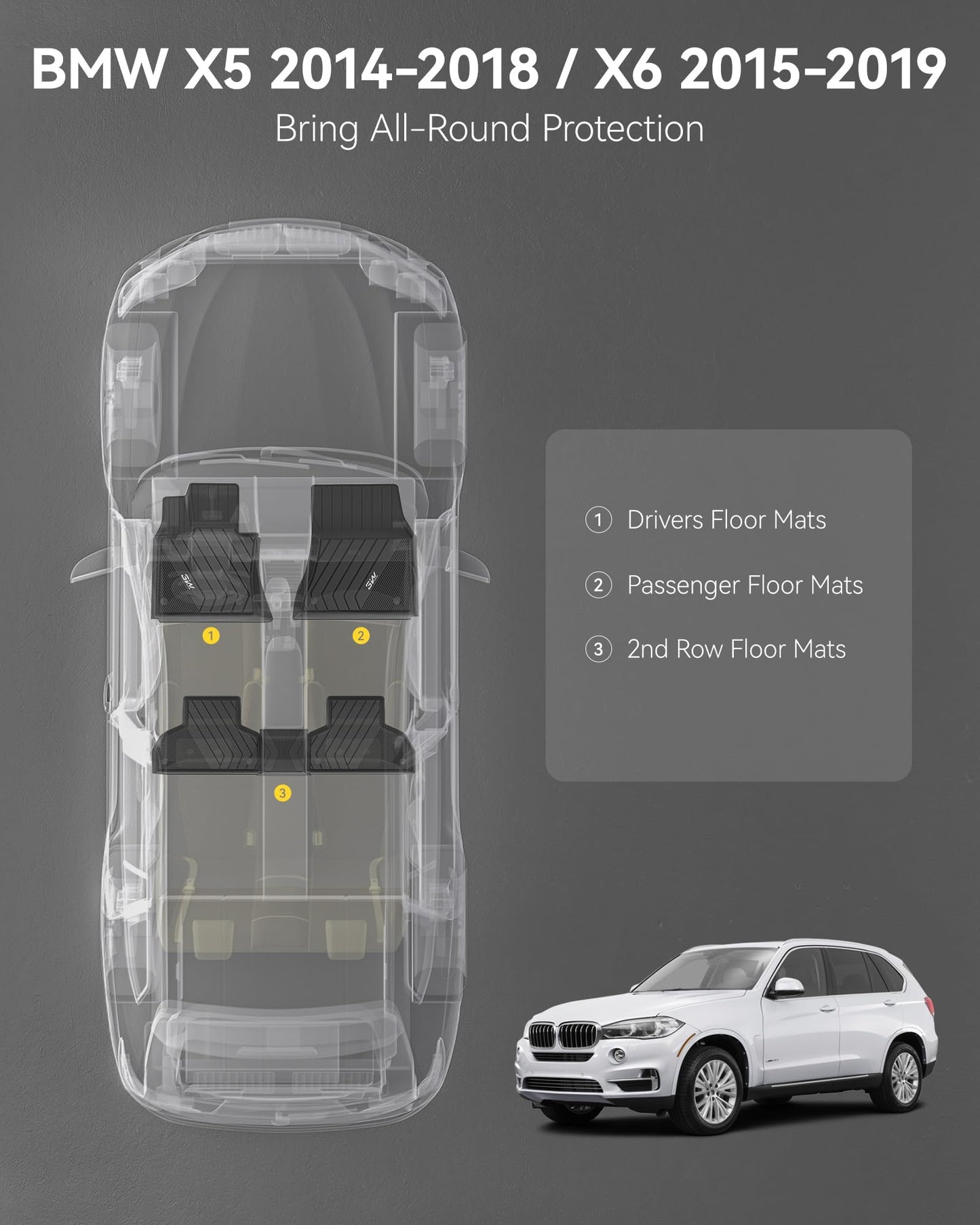 3W Floor Mats Custom Fit for BMW X5 (F15) 2014-2018 / BMW X6 (F16) 2015-2019, All Weather TPE Floor Liner 1st & 2nd Row Accessories Car Mats