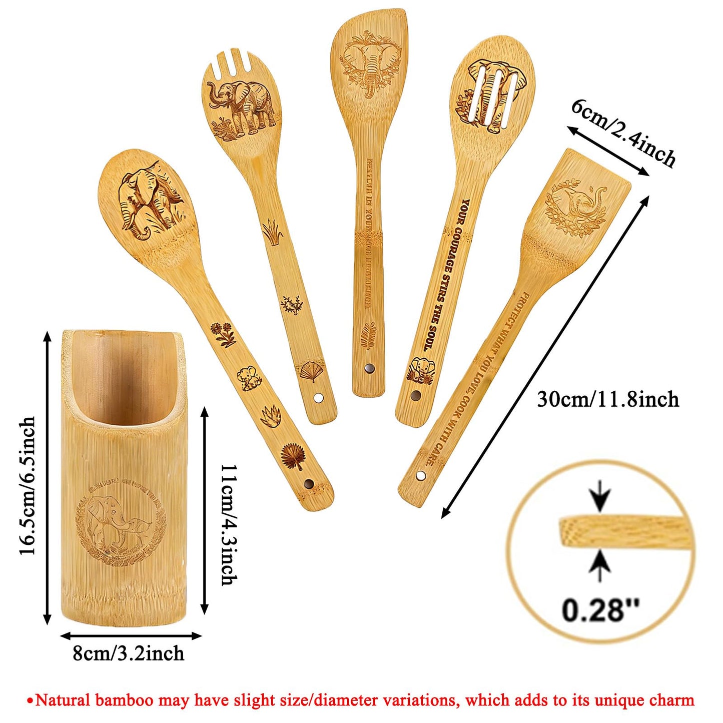 Bamboo Spoons for Cooking as Elephant Gifts for Women, 6 PCs Kitchen Utensils Set with Holder as Elephant Gifts, Wooden Cooking Utensils Set Home Decor, Birthday Housewarming Gifts for Women