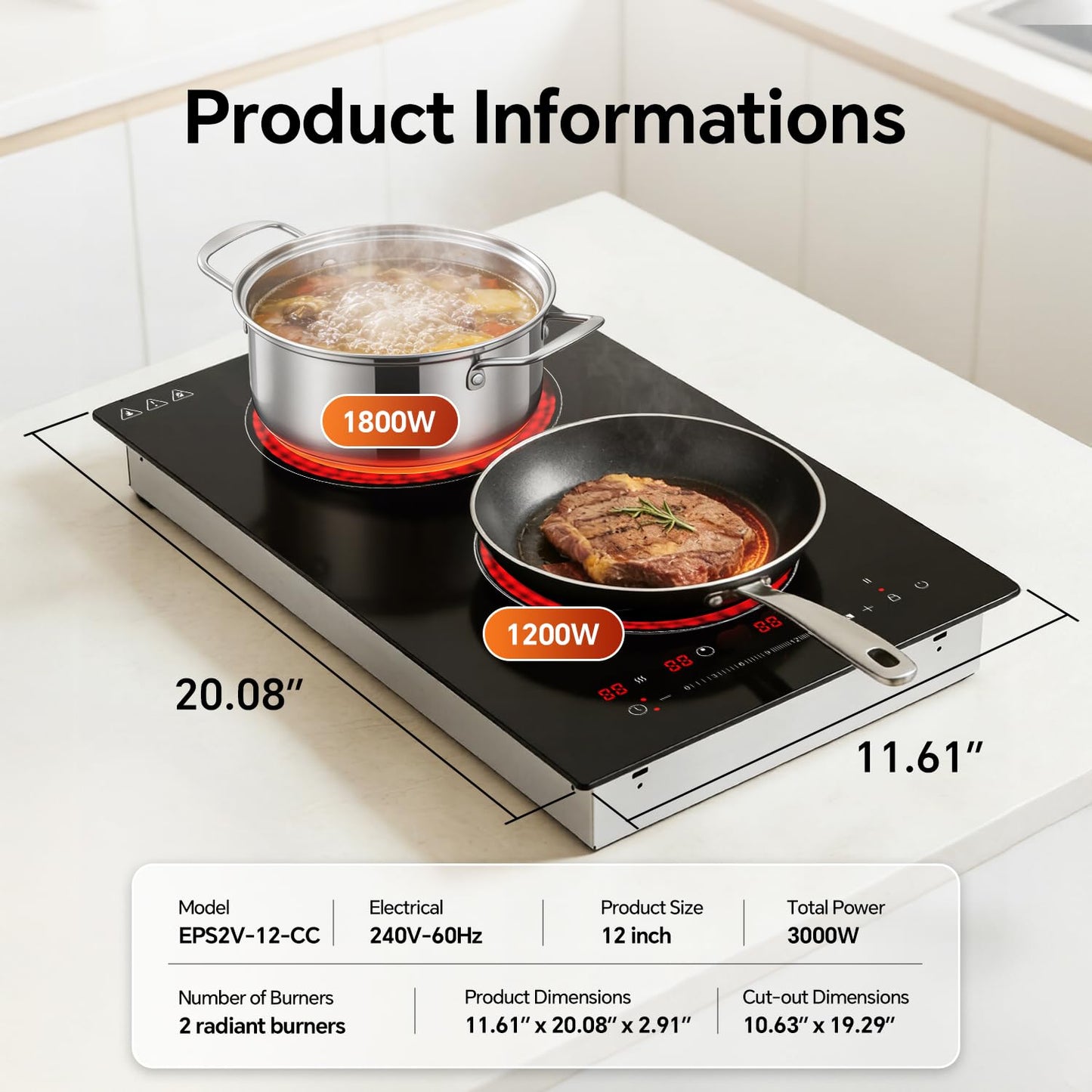 Ranein Electric Cooktop with 2 Burners, 12 inch 3000W 240V Ceramic Panel Electric Cooktop, Multiple Safety Protections Stove, Touch Screen