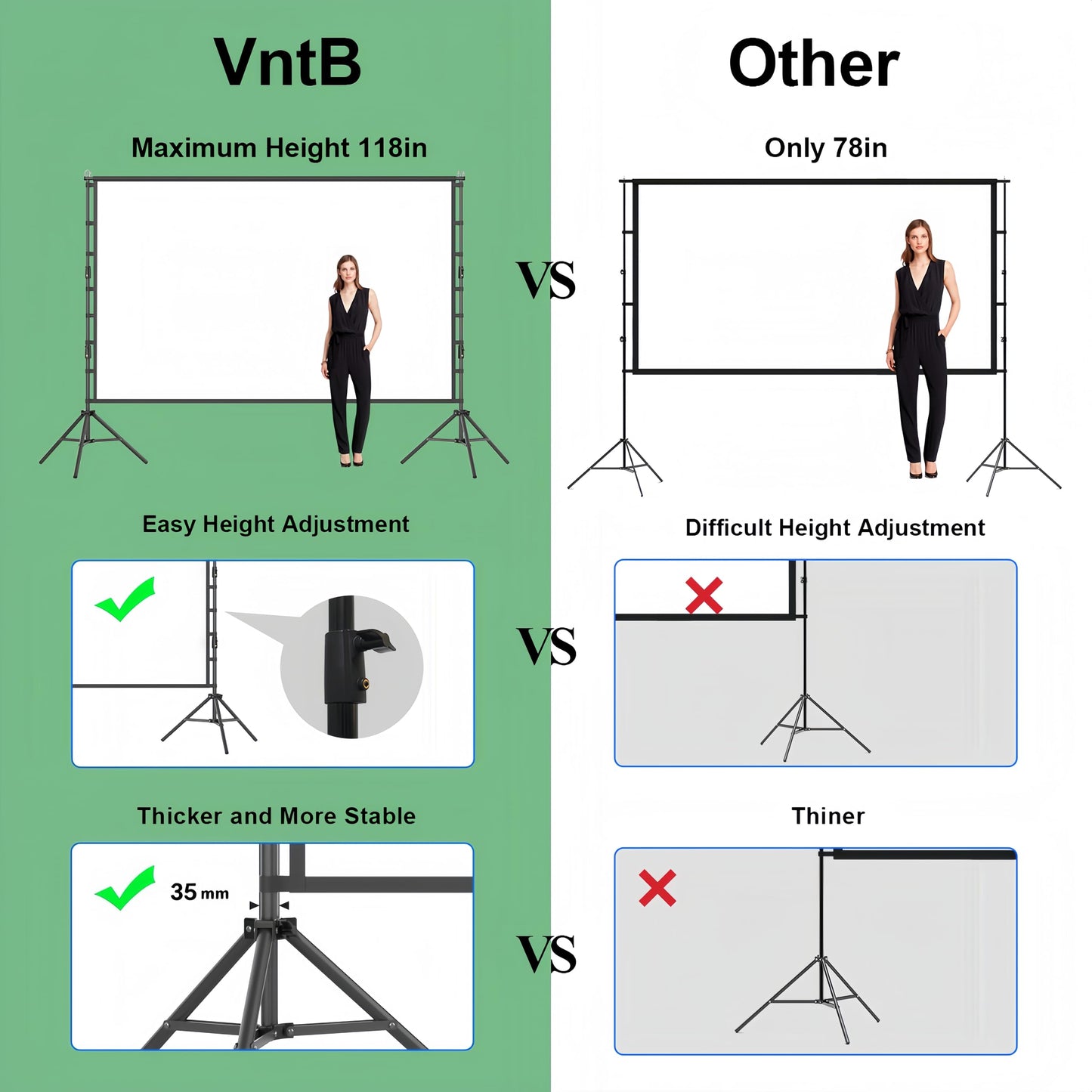 VntB Projector Screen and Stand, 180 inch Outdoor Projection Screen 15 FT Large Portable Movie Screen Wrinkle-Free 16:9 4K Rear Front Foldable Washable with Carry Bag for Backyard Theater Movie Night
