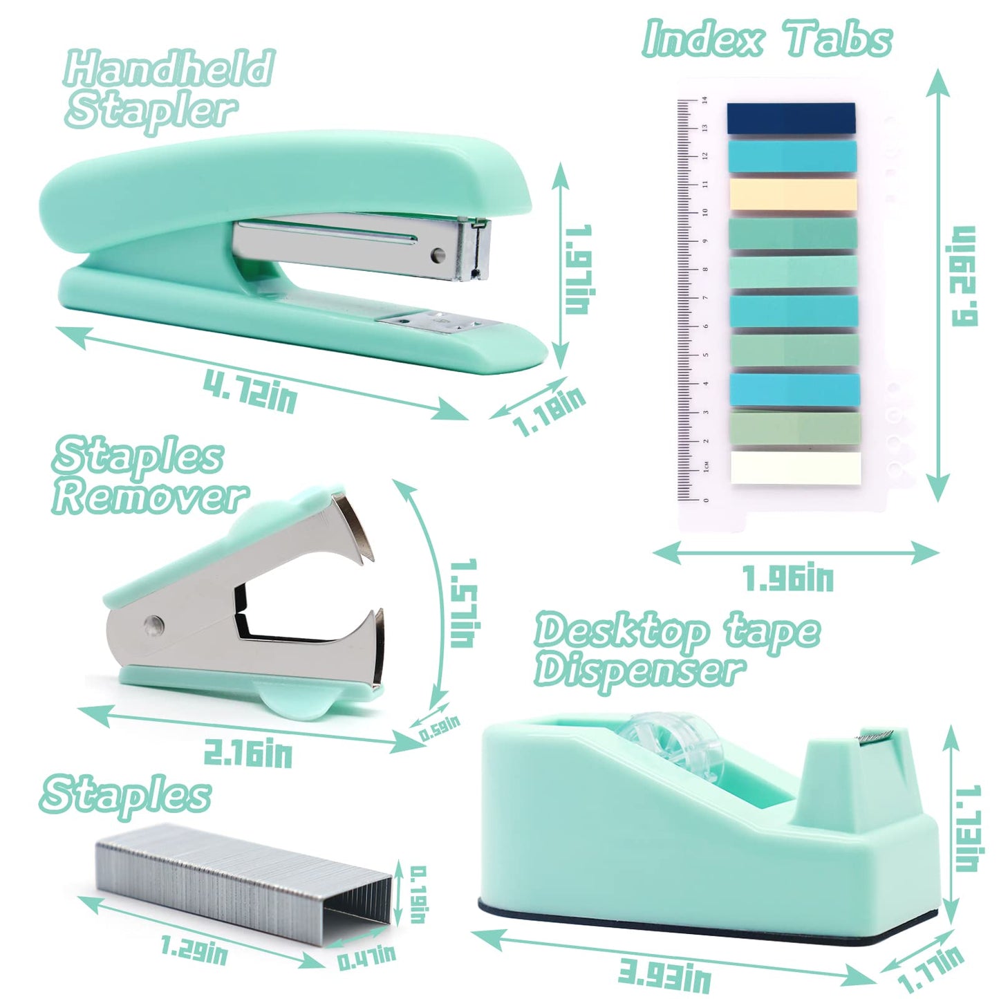 Green Office Supplies,UPIHO Teal Desk Accessories,Stapler and Tape Dispenser Set for Women with Stapler,Tape Dispenser,Staple Remover, Staples, Clips, Scissor and Tabs for Students, Office Clerks